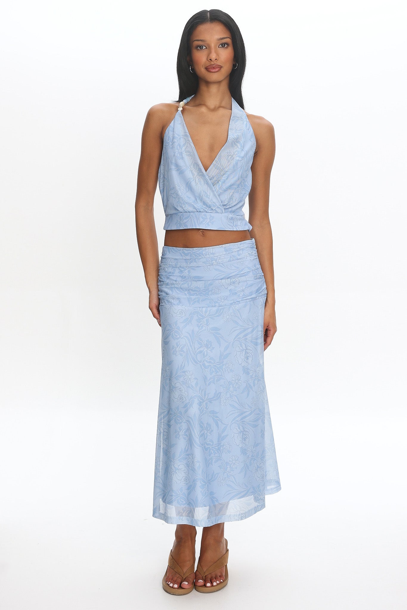 Telepatia Ruched Floral Maxi Skirt Blue | Selfie Leslie