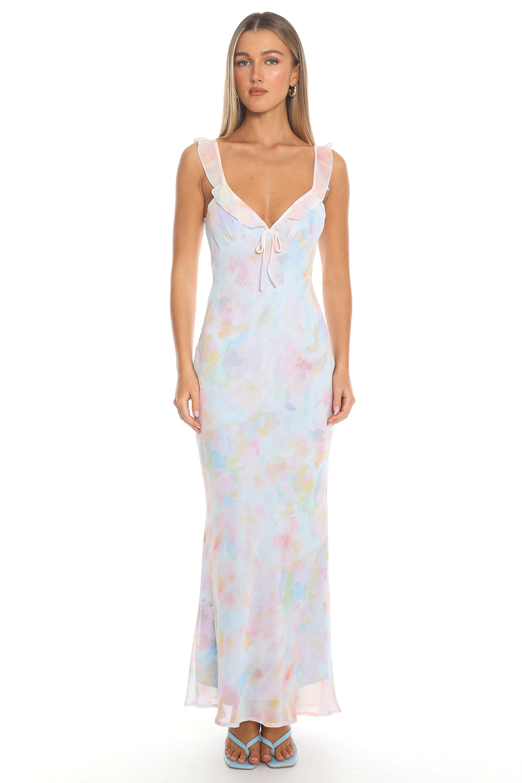 Watercolour Eyes Ruffle Strap Gown Blue
