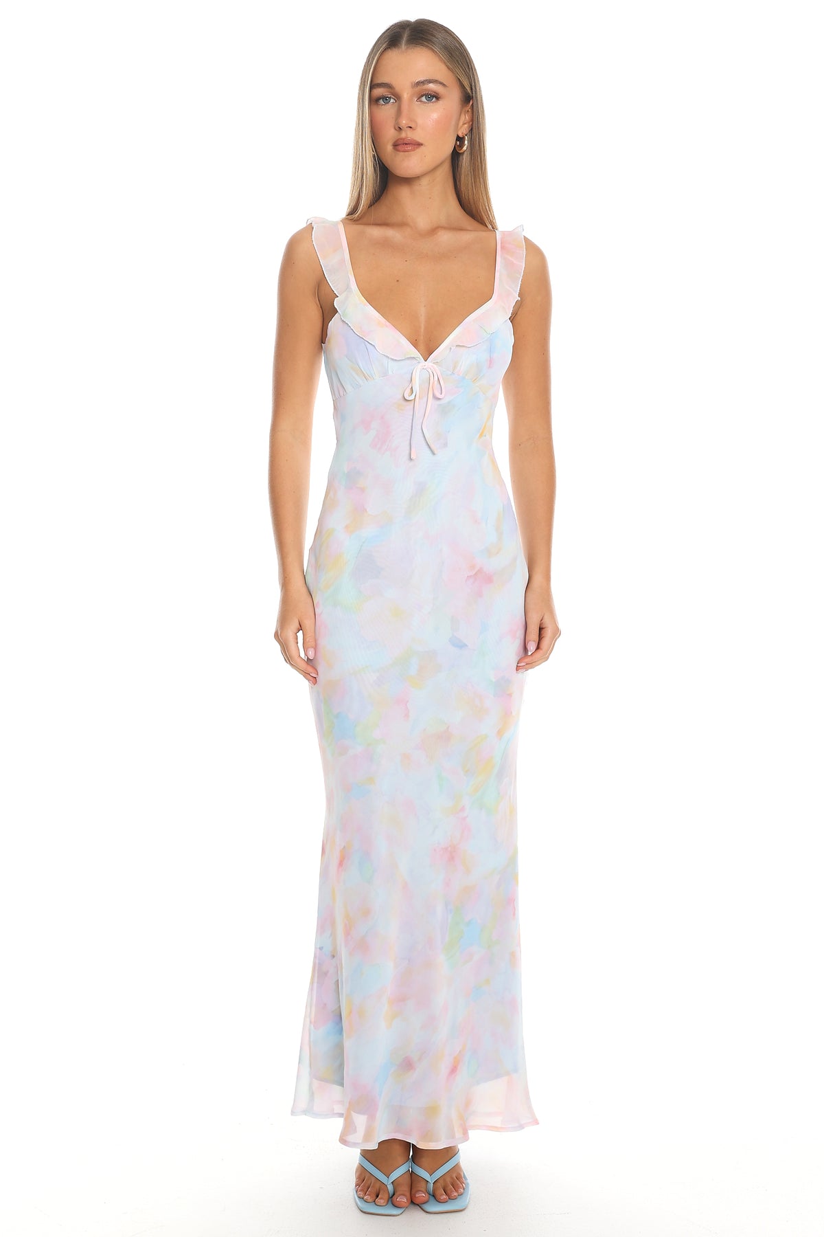 Watercolour Eyes Ruffle Strap Gown Blue