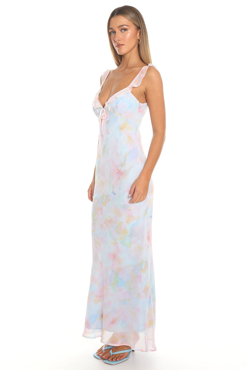 Watercolour Eyes Ruffle Strap Gown Blue
