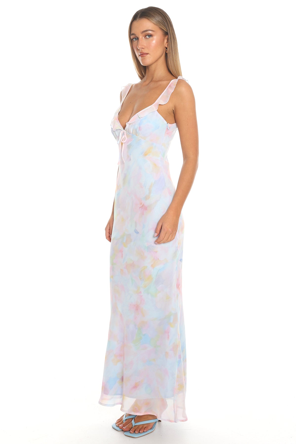 Watercolour Eyes Ruffle Strap Gown Blue