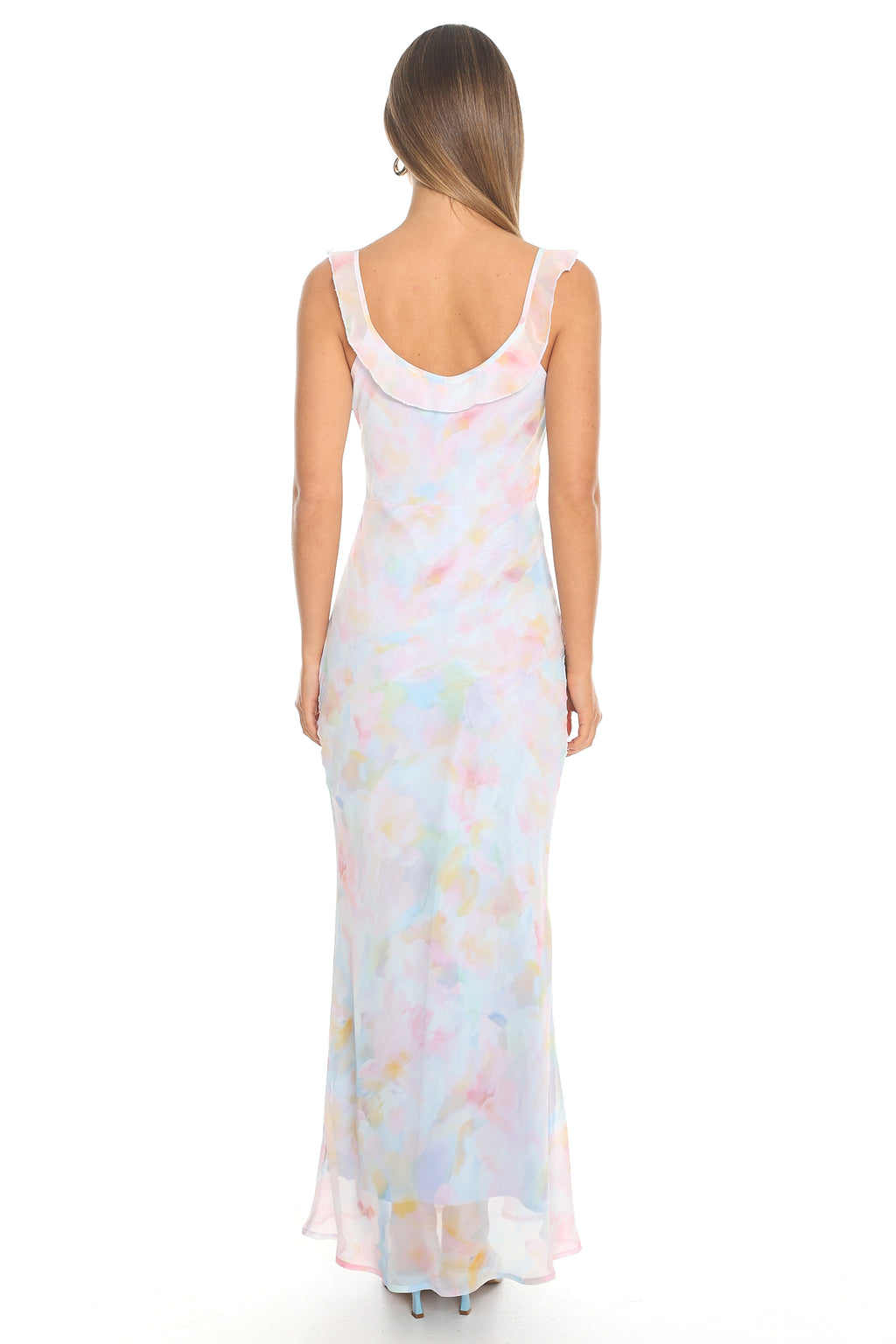 Watercolour Eyes Ruffle Strap Gown Blue
