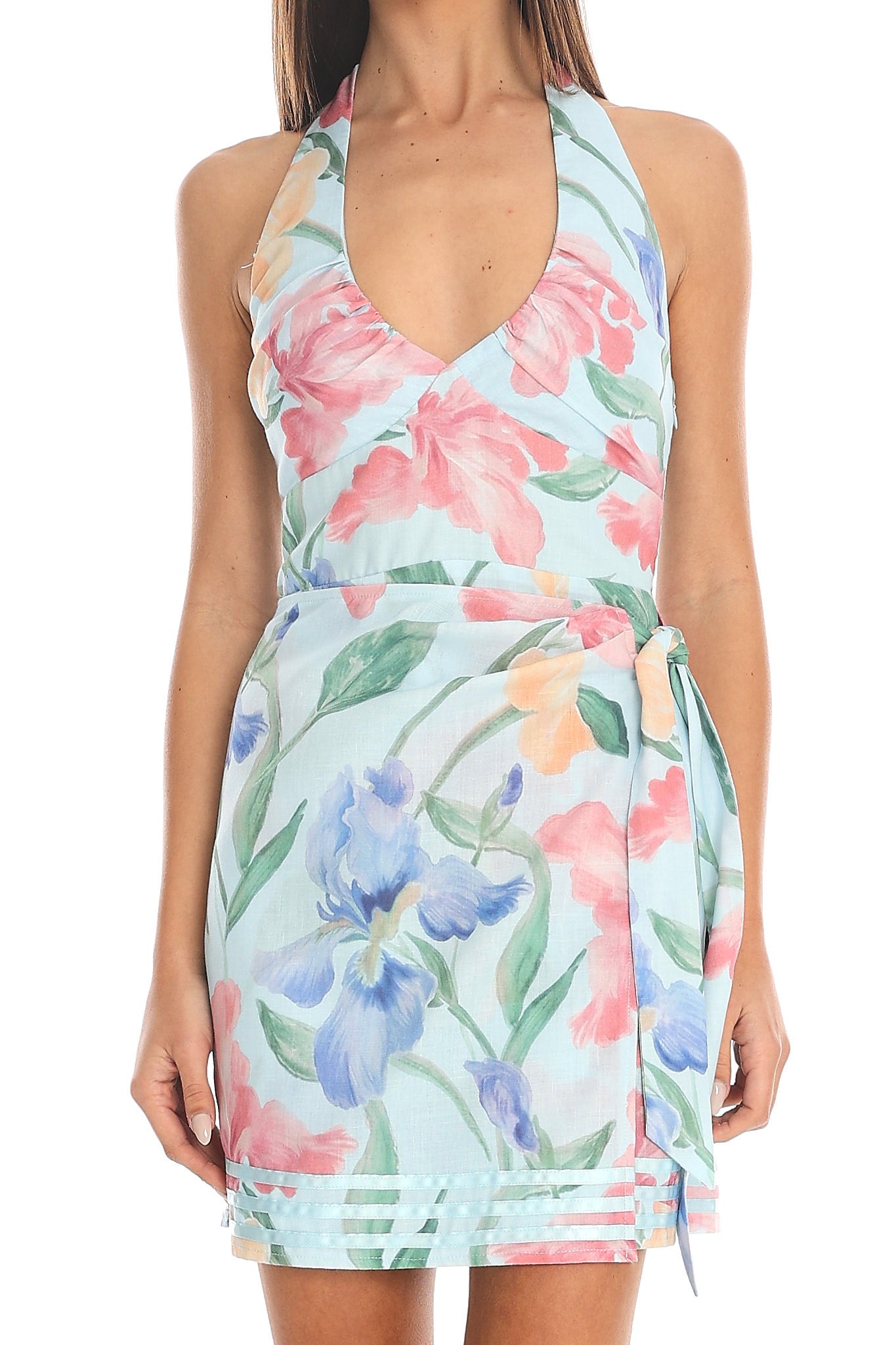 Geranium Halter Wrap Mini Dress Aqua