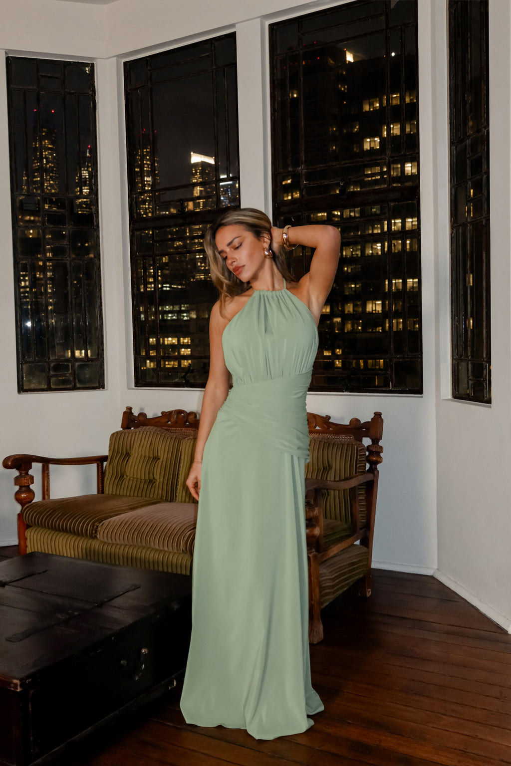 Leolina Ruched Halter Maxi Dress Matcha