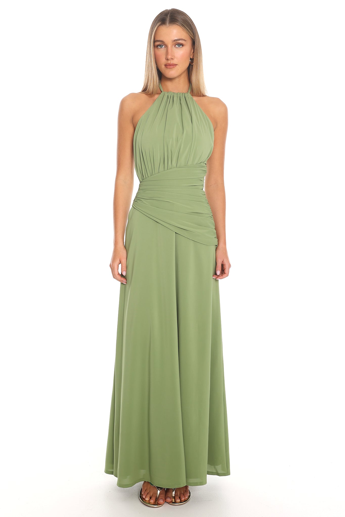 Leolina Ruched Halter Maxi Dress Matcha