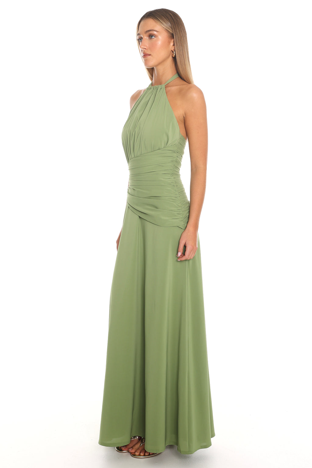 Leolina Ruched Halter Maxi Dress Matcha