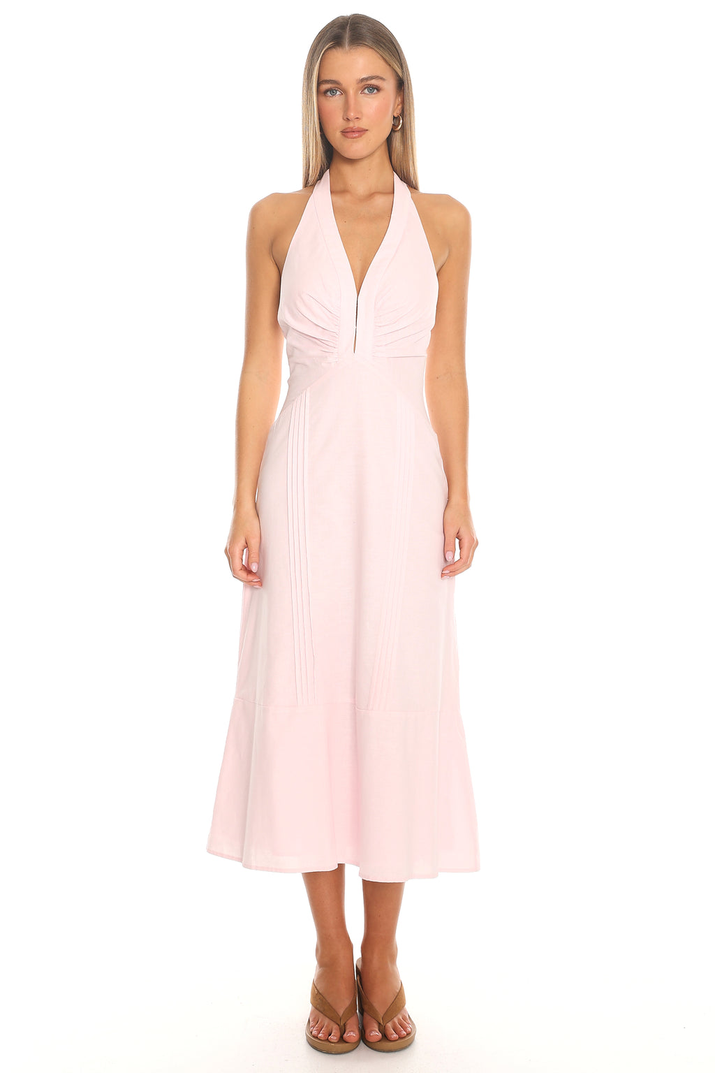 Arya Pintuck Halter Midi Dress Blush
