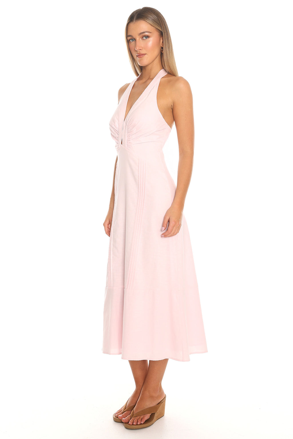Arya Pintuck Halter Midi Dress Blush