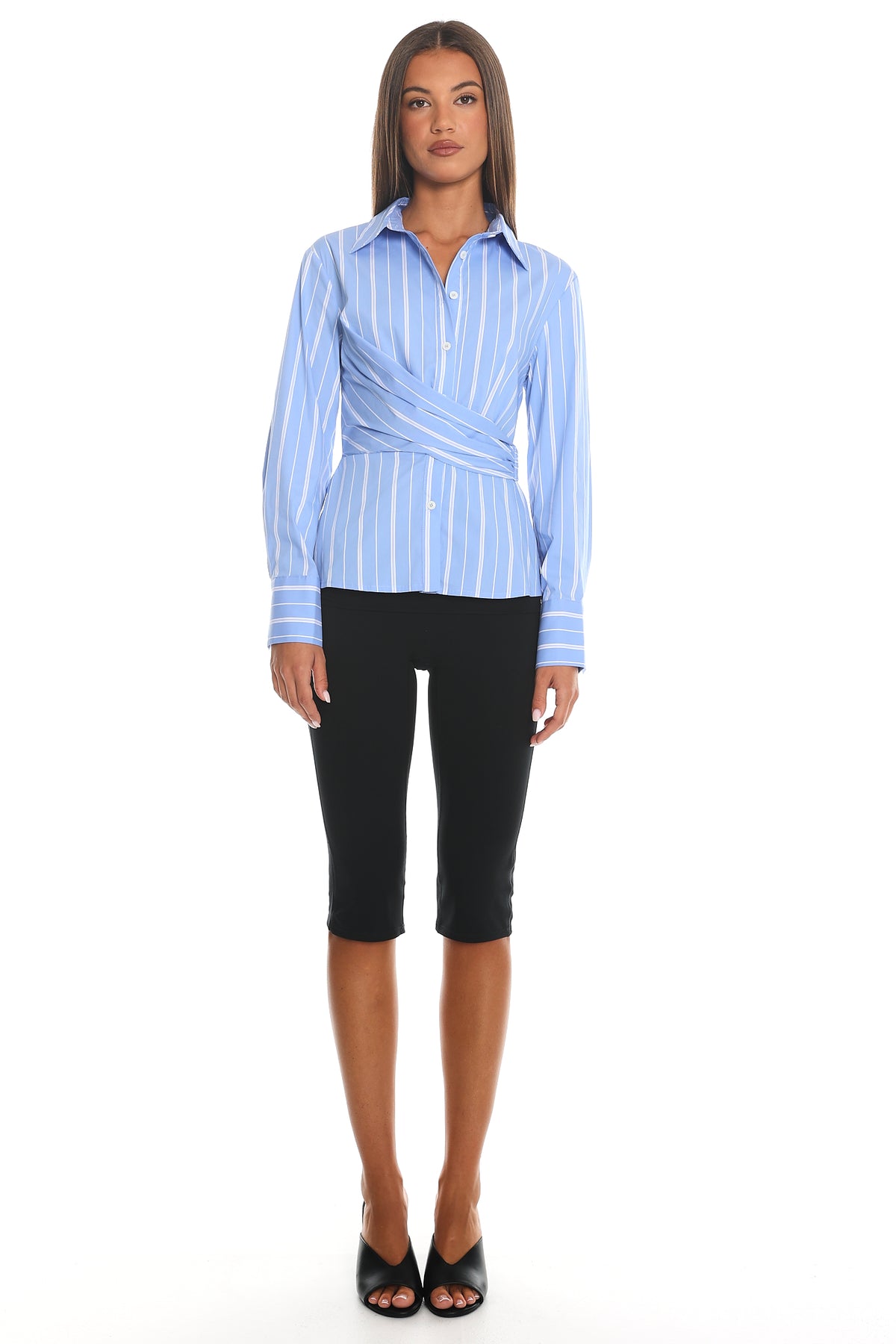 Talk is Cheap Striped Draped Wrap Shirt Blue