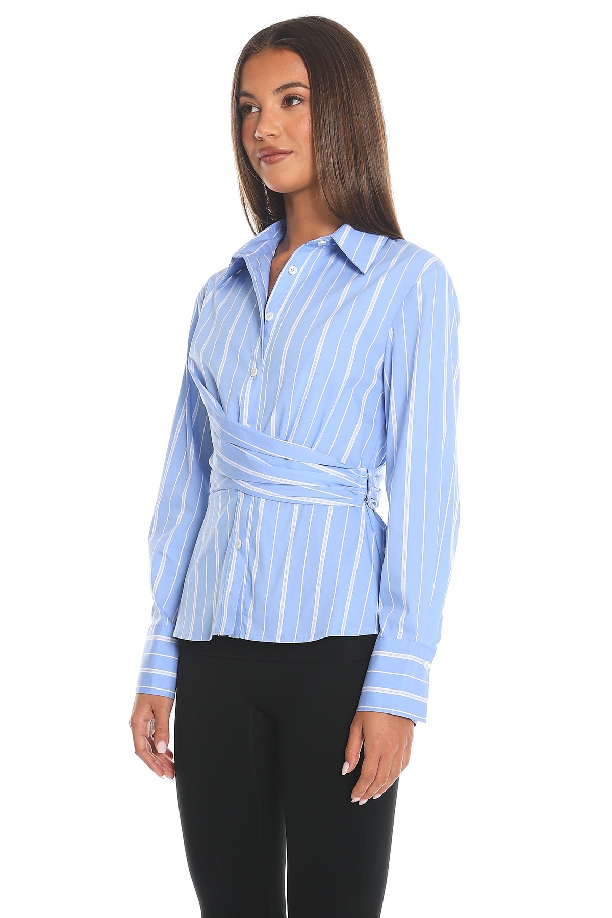 Talk is Cheap Striped Draped Wrap Shirt Blue