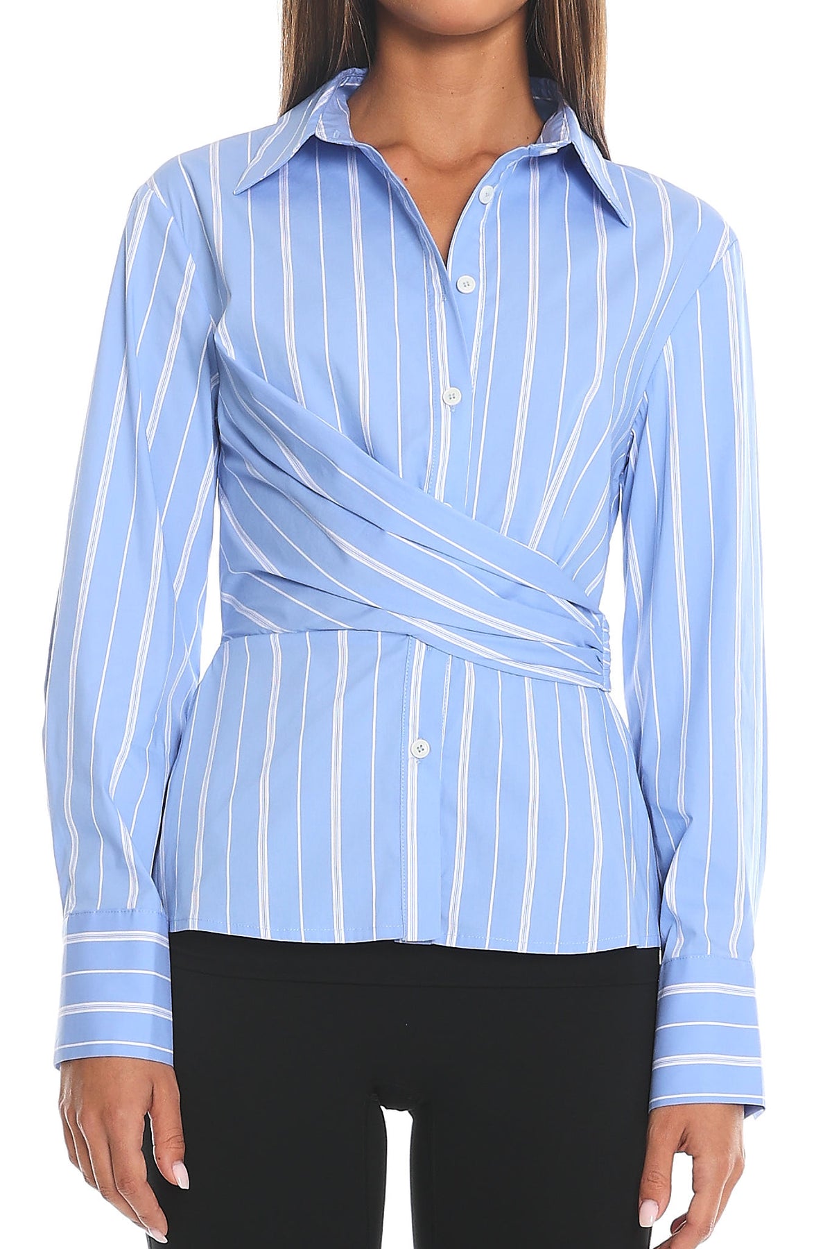 Talk is Cheap Striped Draped Wrap Shirt Blue