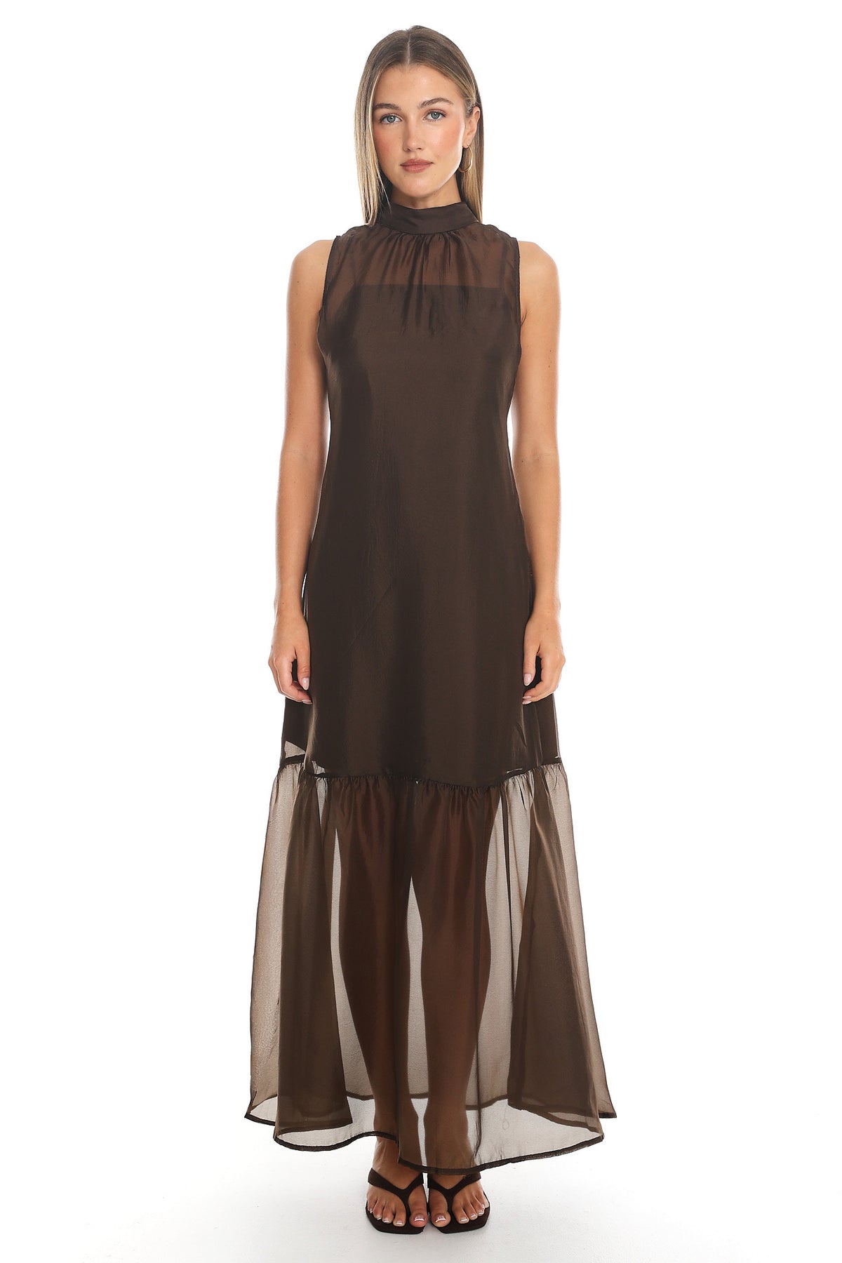 Kinsley Tie Neck Tiered Maxi Dress Brown
