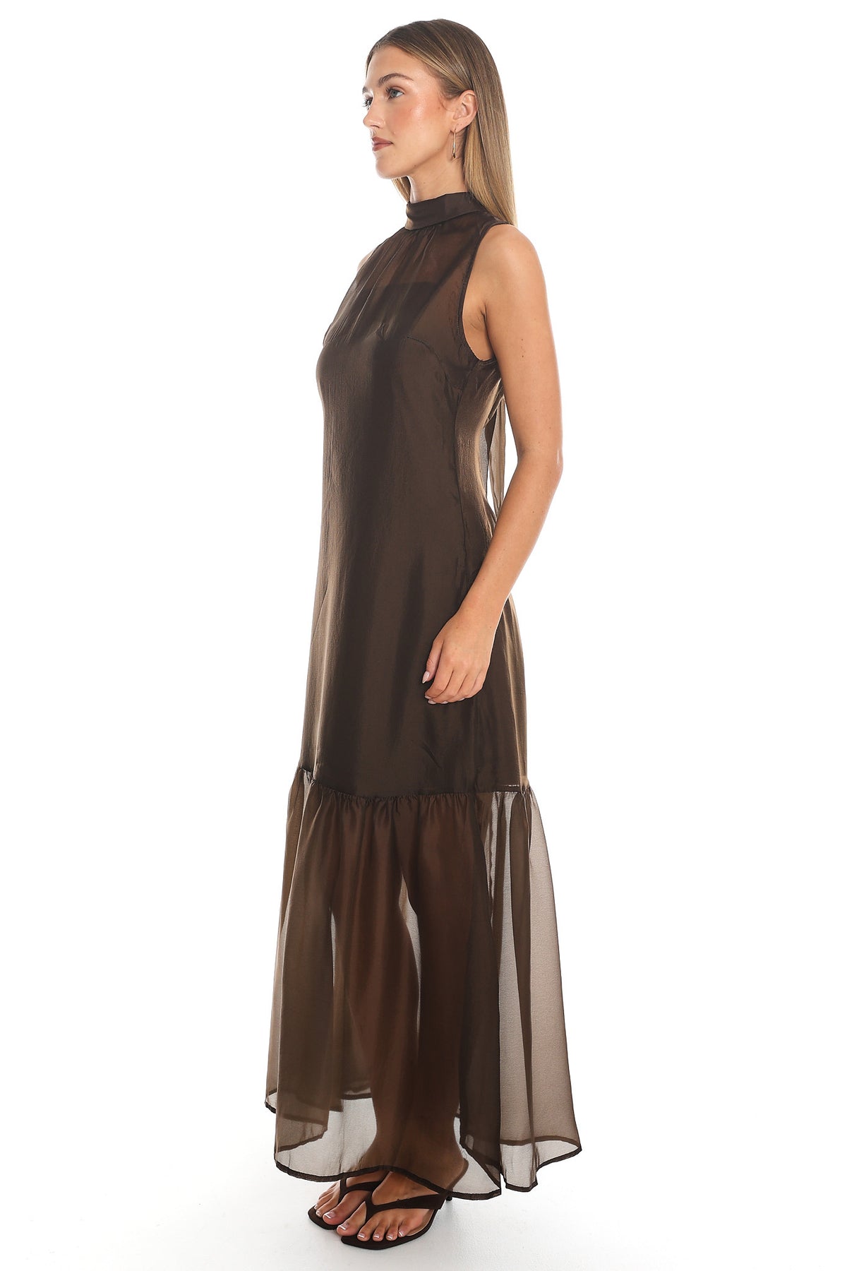 Kinsley Tie Neck Tiered Maxi Dress Brown
