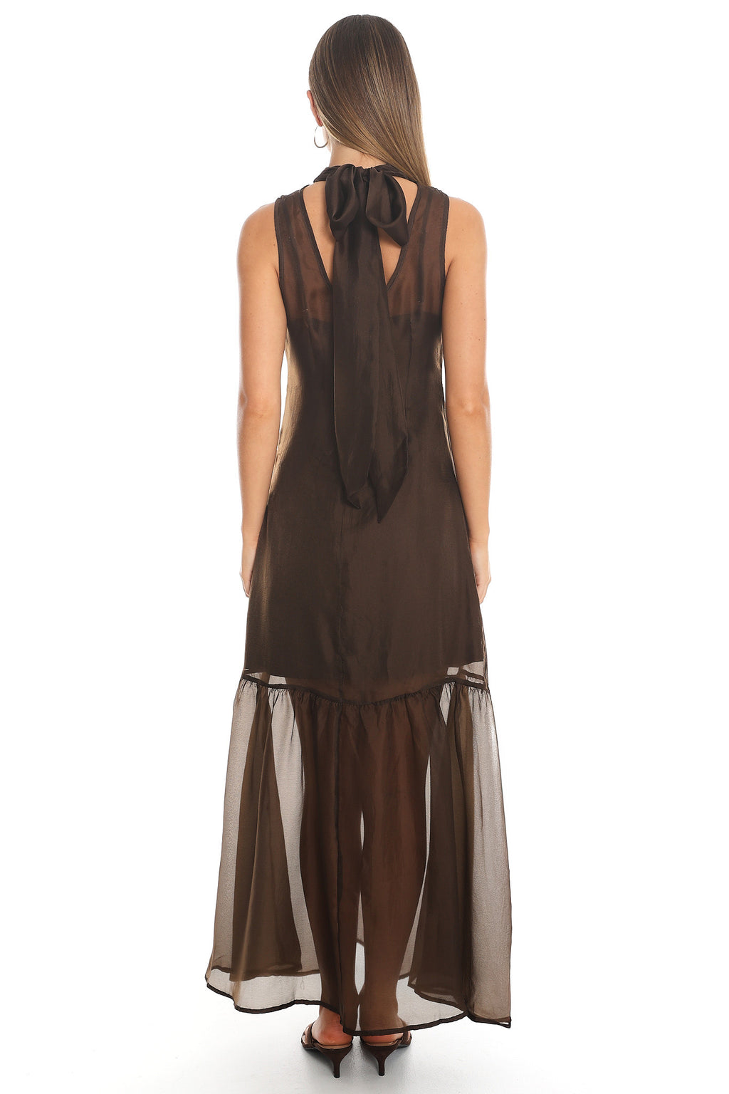 Kinsley Tie Neck Tiered Maxi Dress Brown