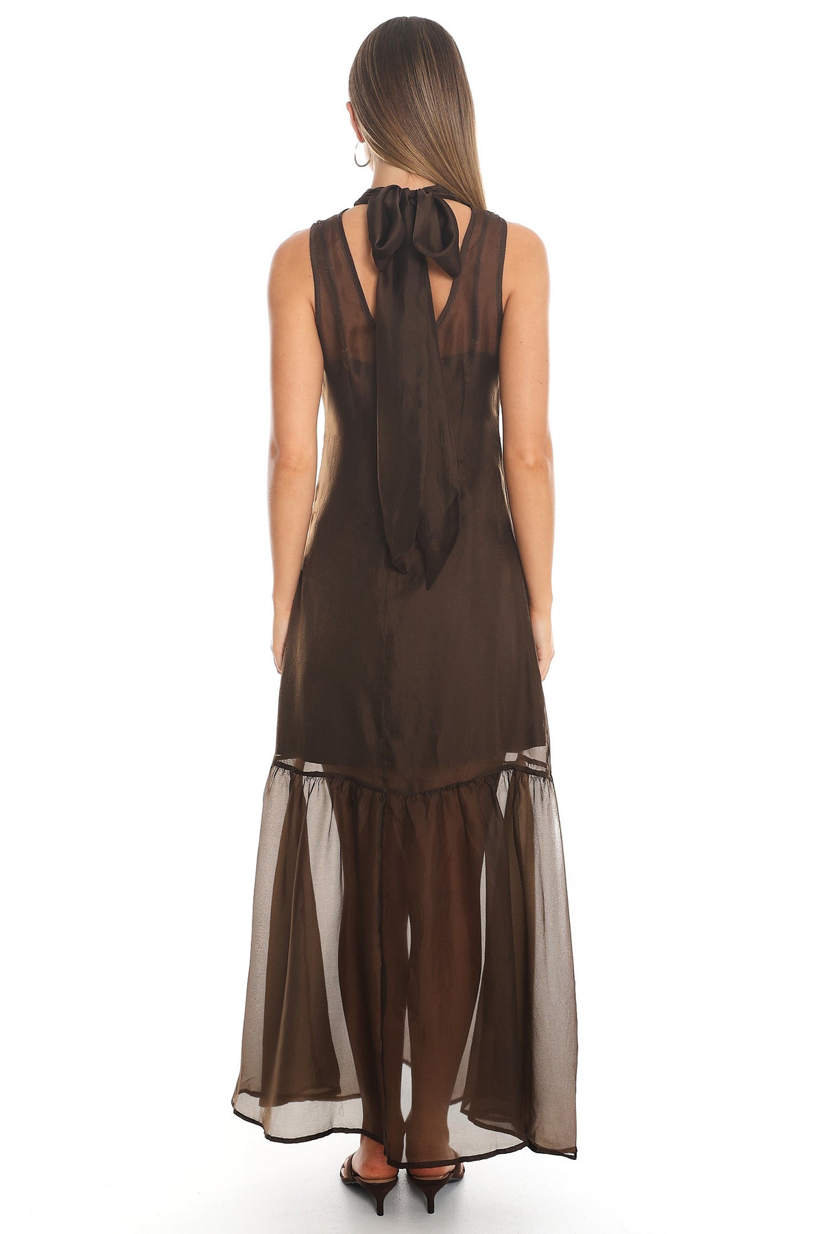 Kinsley Tie Neck Tiered Maxi Dress Brown