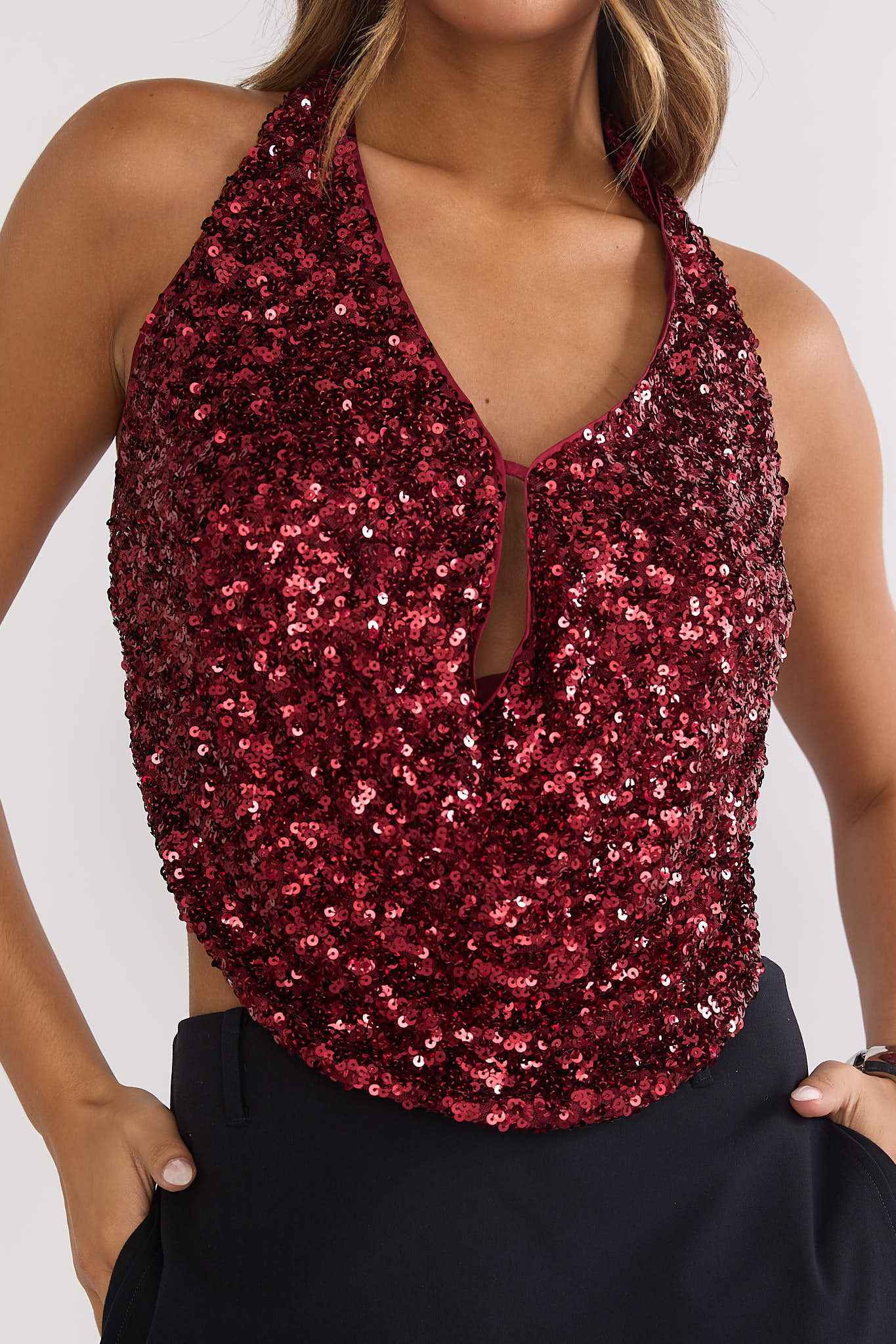 Marquess Backless Halter Top Sequin Cherry by Selfie Leslie