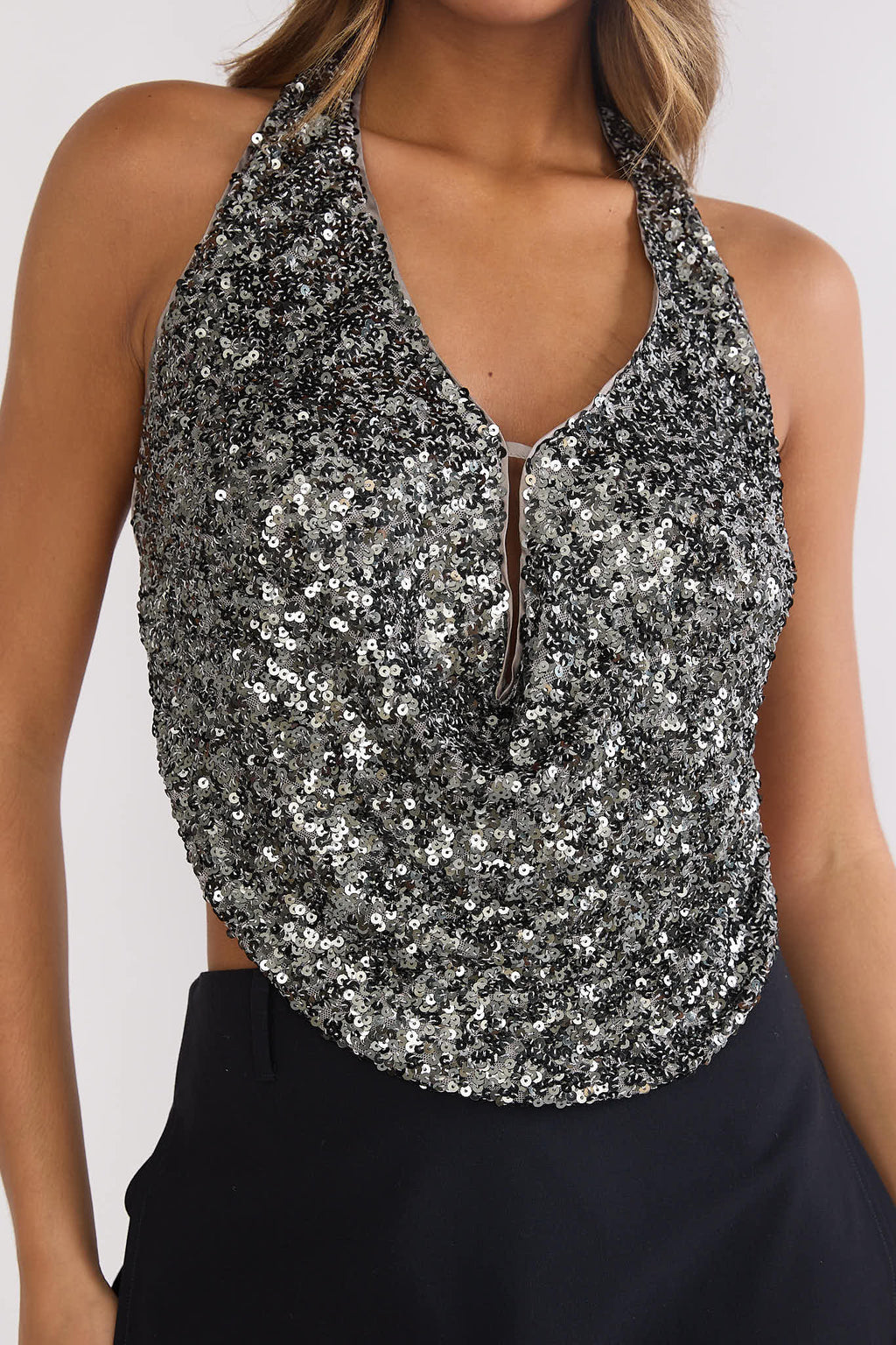Marquess Backless Halter Top Sequin Gunmetal by Selfie Leslie