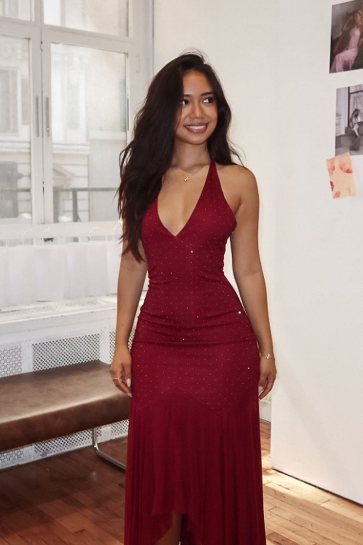Endira Halter Sheer Hem Midi Dress Burgundy