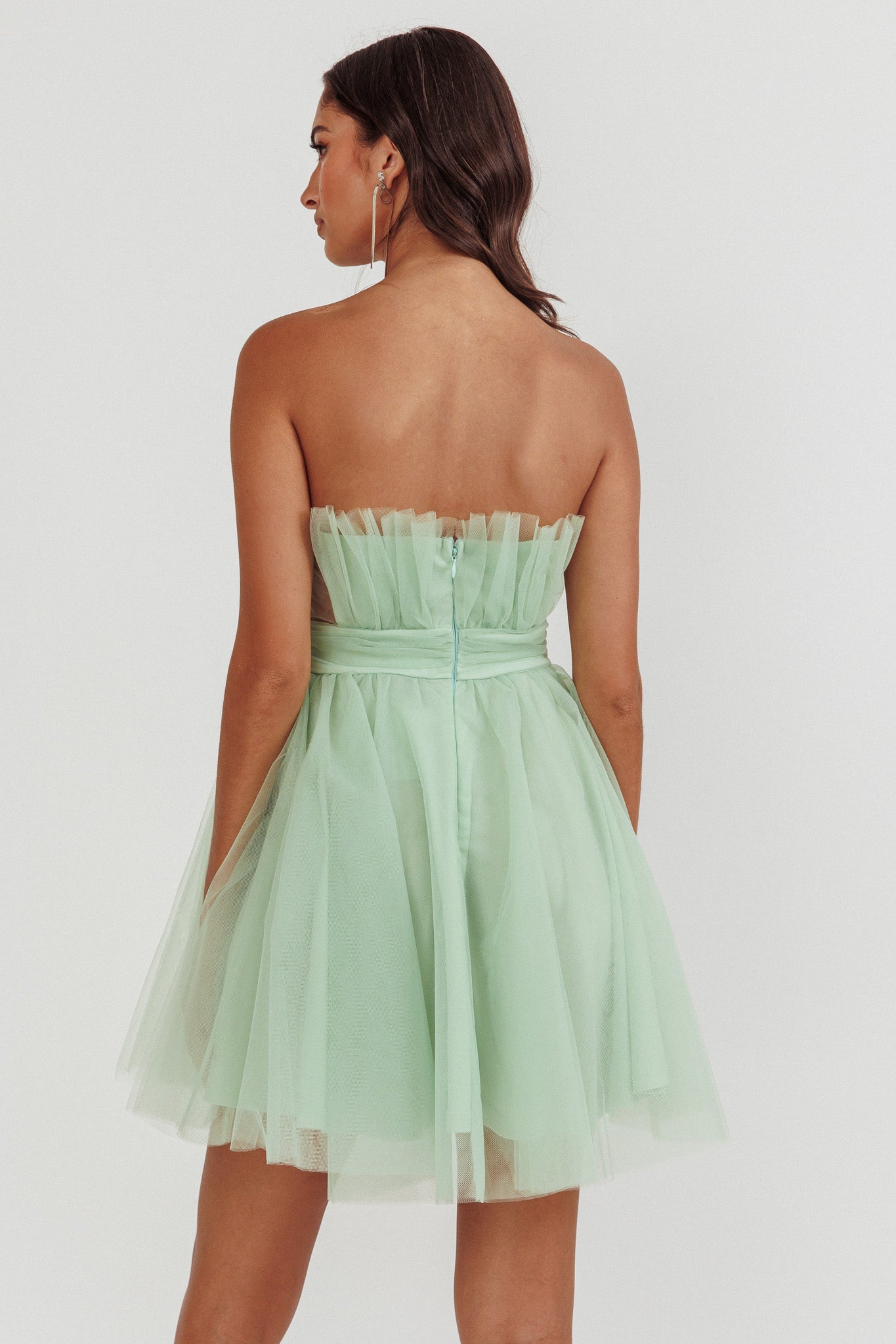 Touch The Stars Gathered Mesh Mini Dress Sage by Selfie Leslie