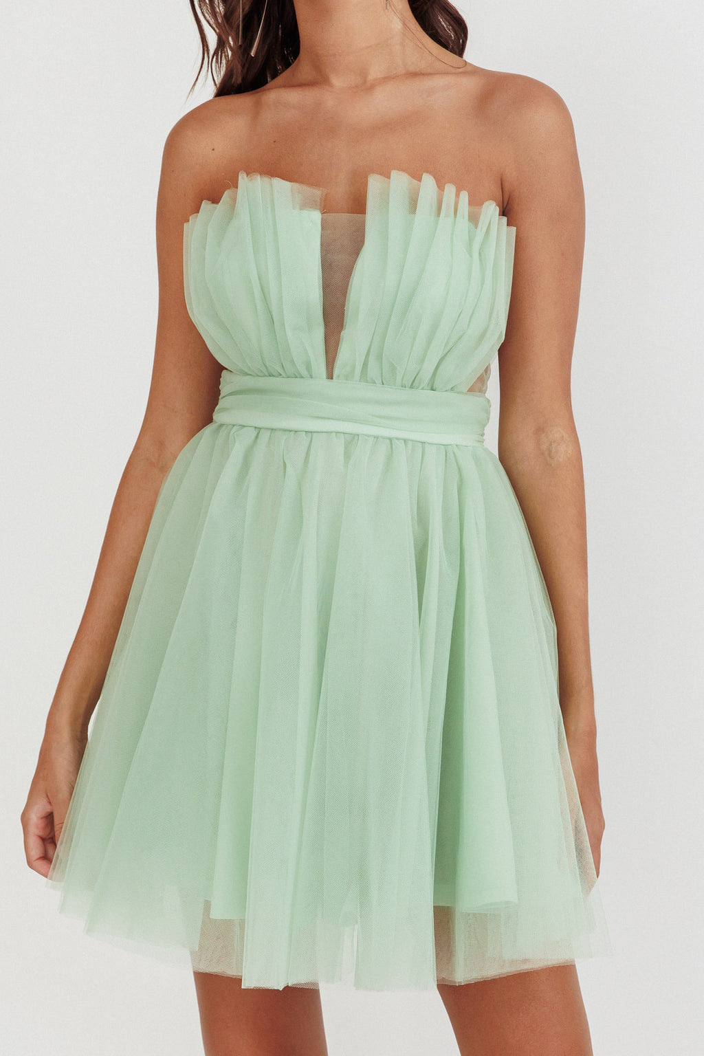 Touch The Stars Gathered Mesh Mini Dress Sage by Selfie Leslie