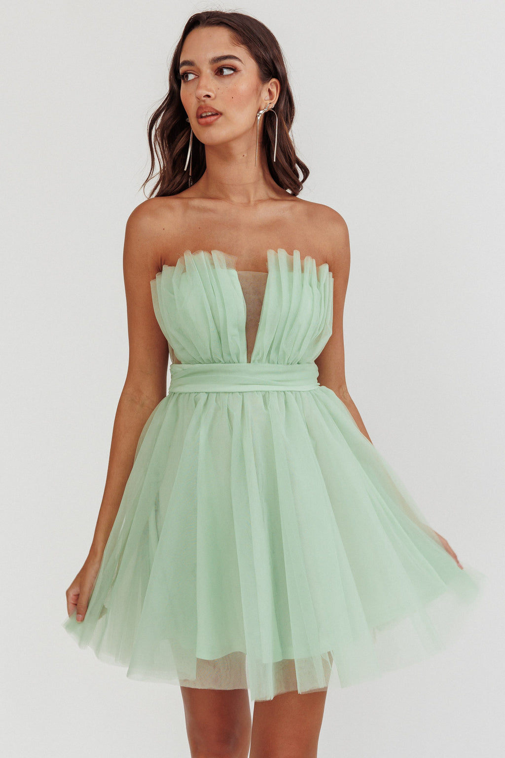Touch The Stars Gathered Mesh Mini Dress Sage by Selfie Leslie