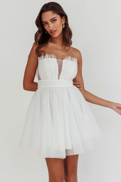 Touch The Stars Gathered Mesh Mini Dress White– Selfie Leslie
