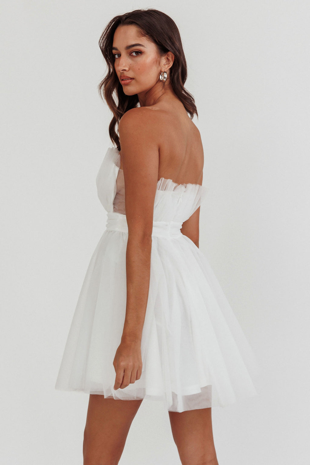 Touch The Stars Gathered Mesh Mini Dress White by Selfie Leslie