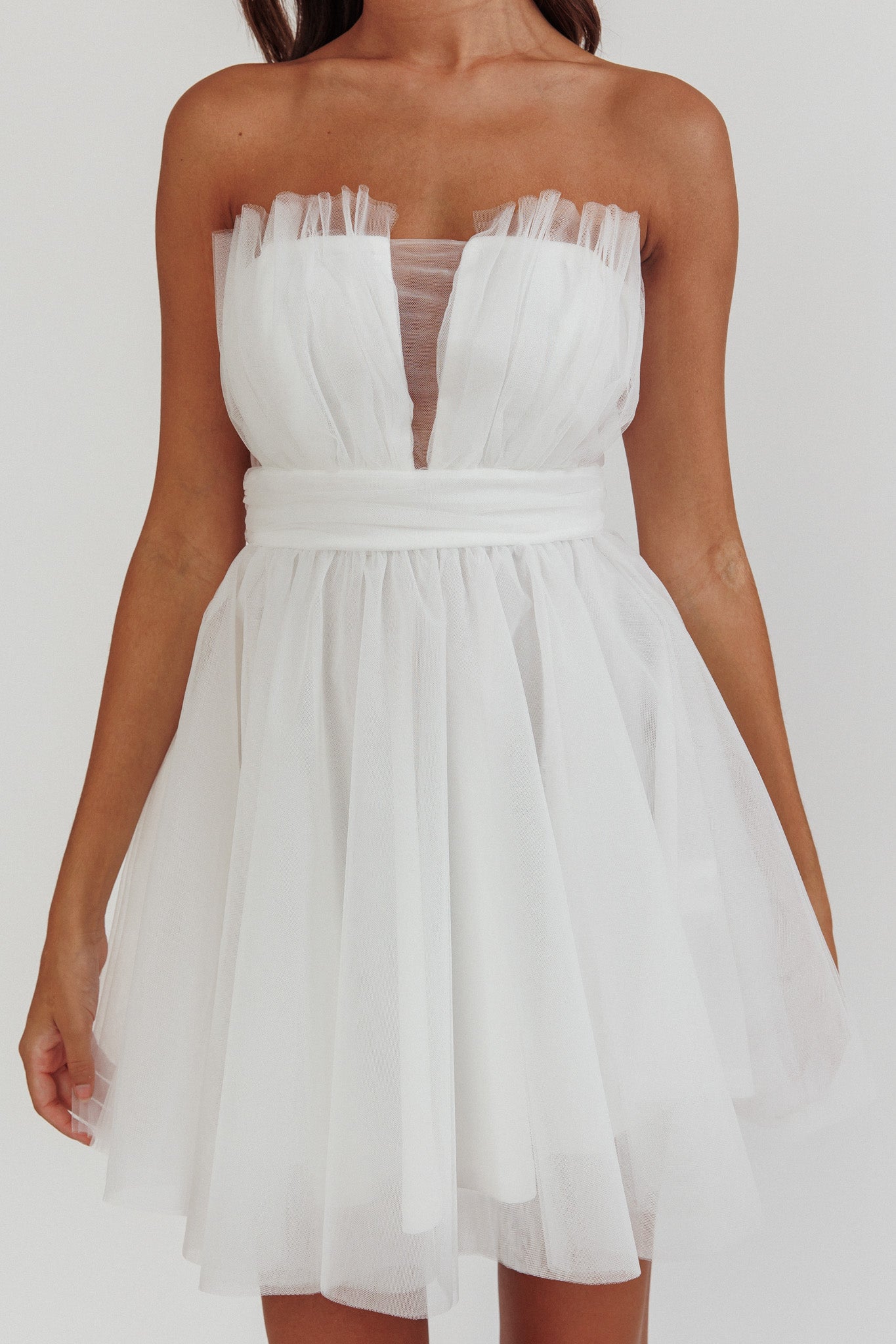 Touch The Stars Gathered Mesh Mini Dress White by Selfie Leslie