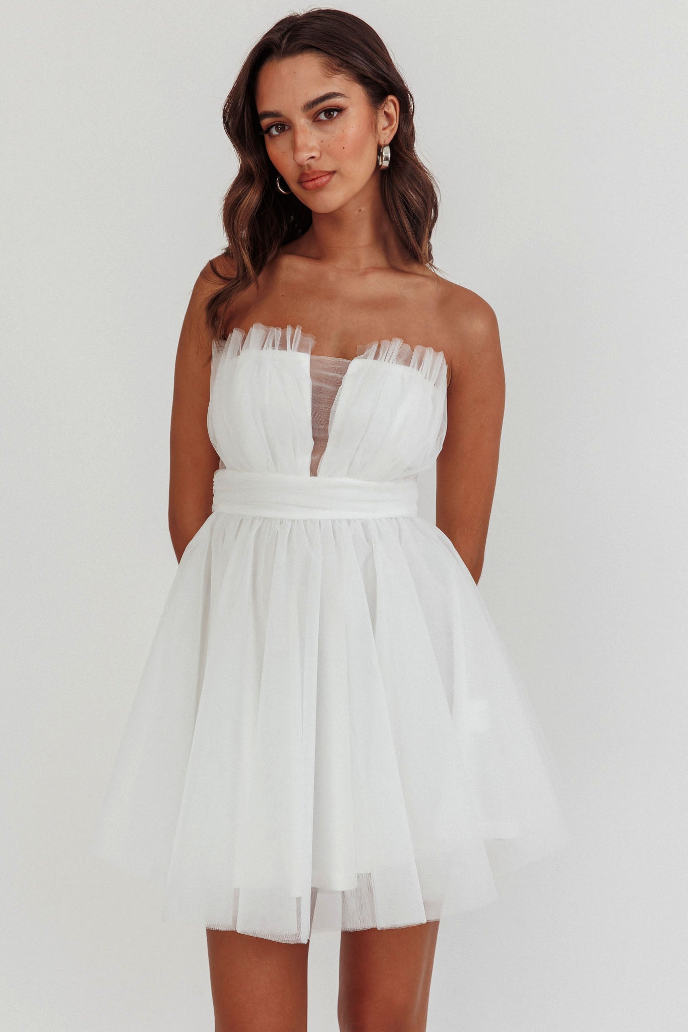 Touch The Stars Gathered Mesh Mini Dress White by Selfie Leslie