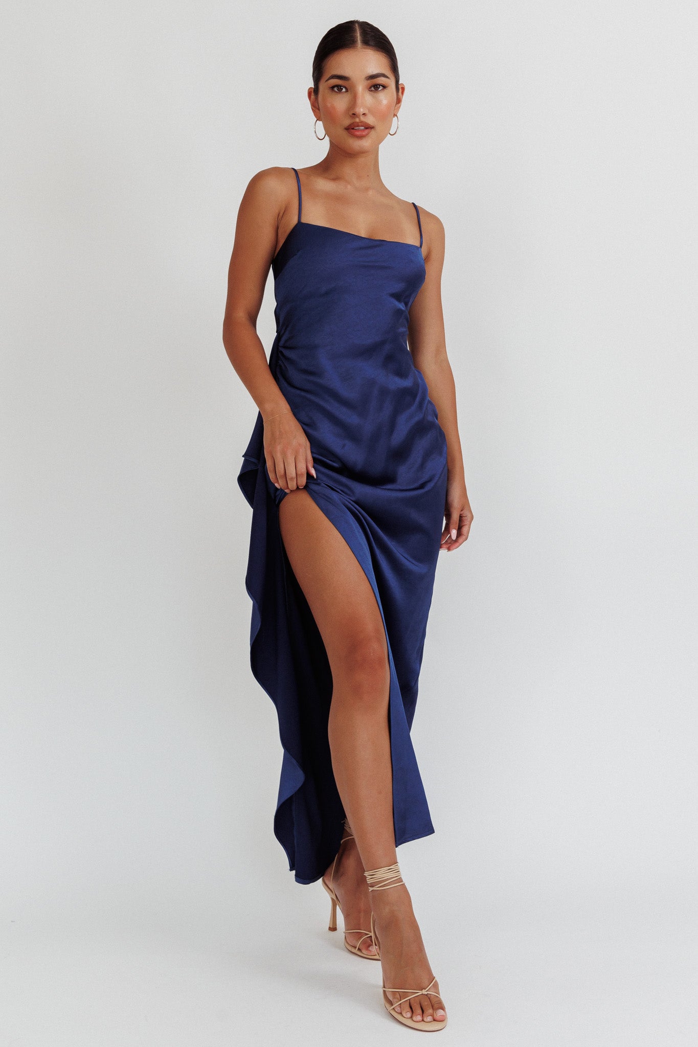 Night Swim Satin Leg Slit Maxi Dress Navy by Selfie Leslie