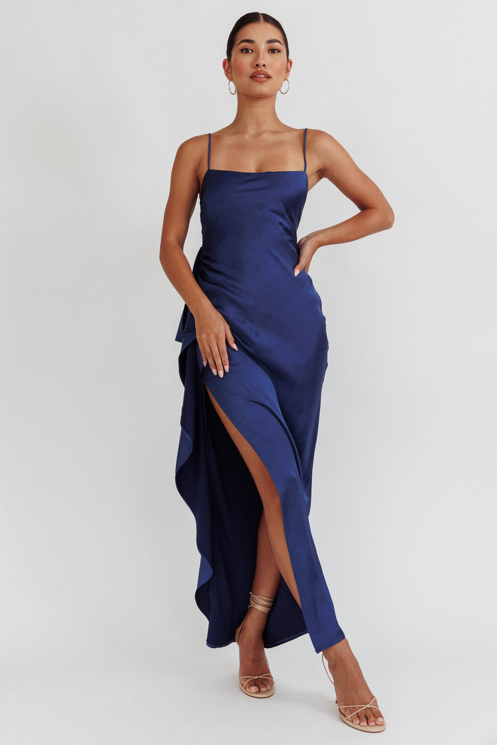 Night Swim Satin Leg Slit Maxi Dress Navy by Selfie Leslie