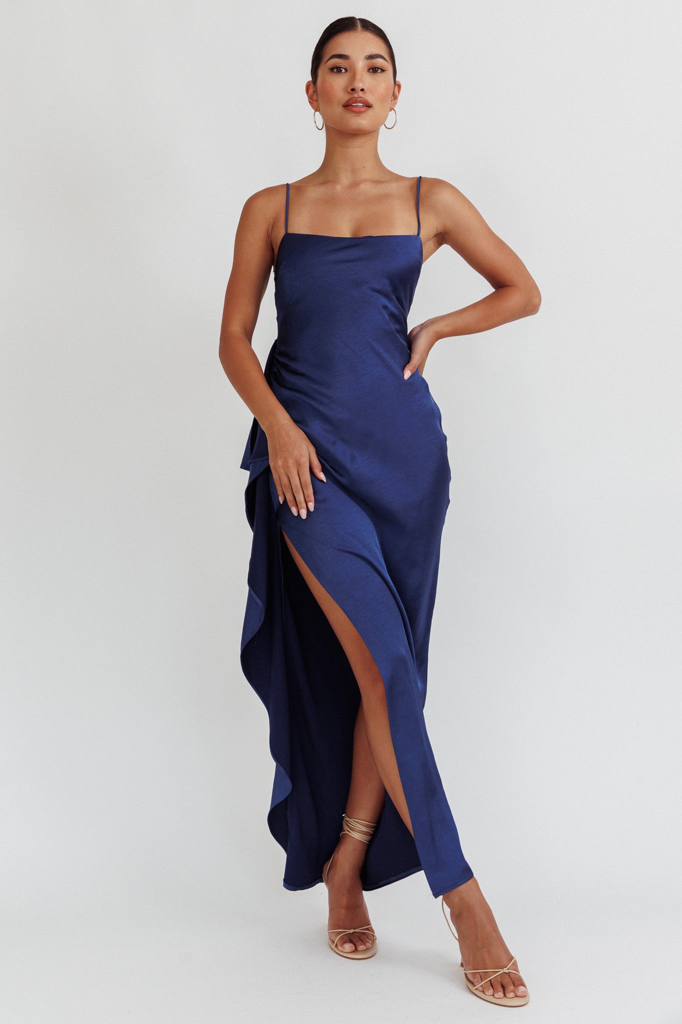 Night Swim Satin Leg Slit Maxi Dress Navy by Selfie Leslie
