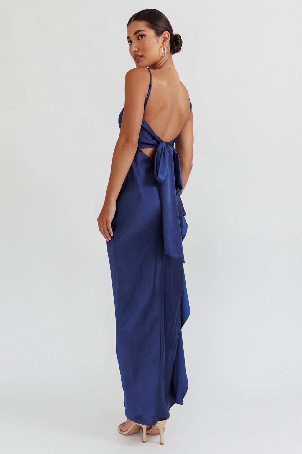Night Swim Satin Leg Slit Maxi Dress Navy by Selfie Leslie