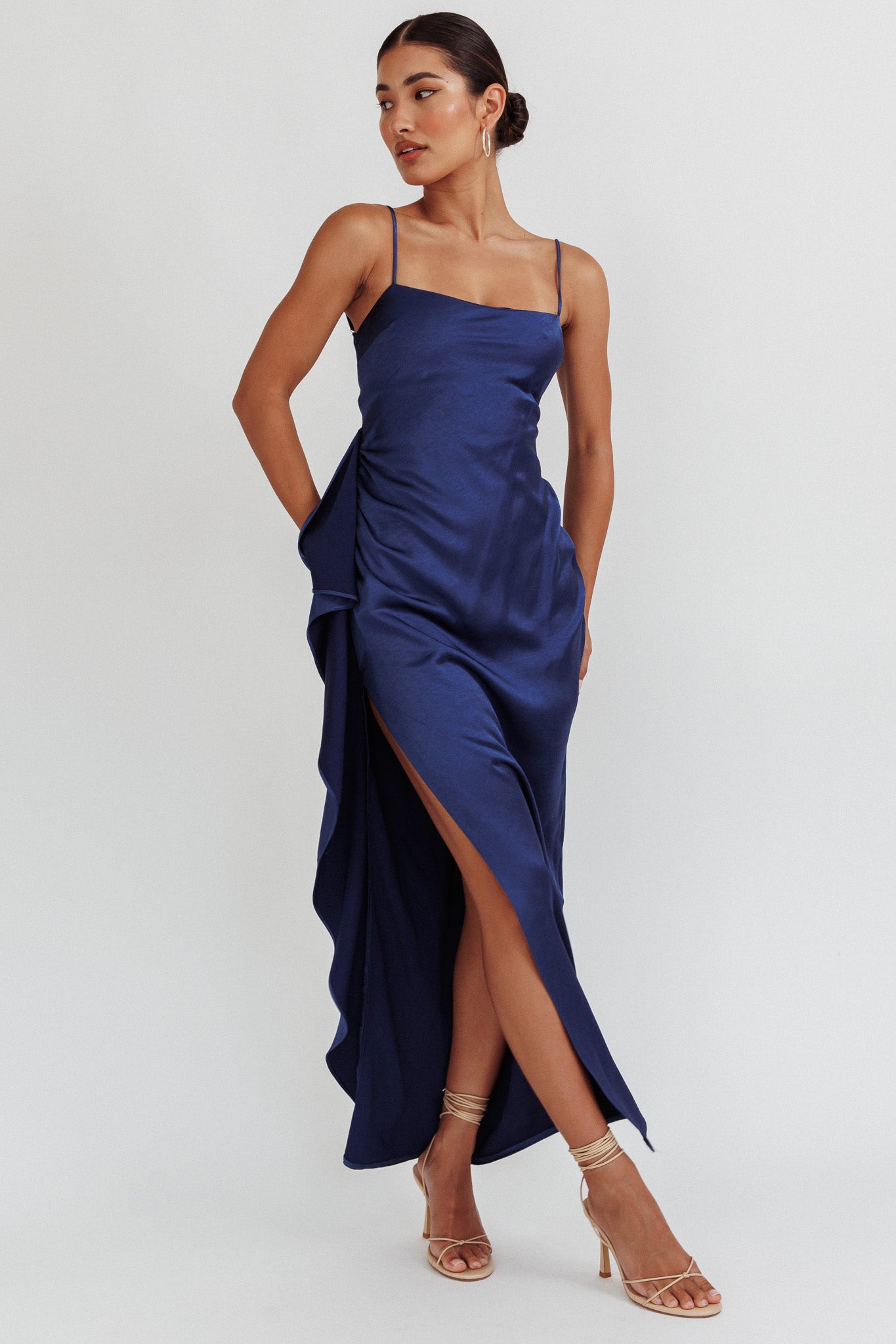 Night Swim Satin Leg Slit Maxi Dress Navy by Selfie Leslie