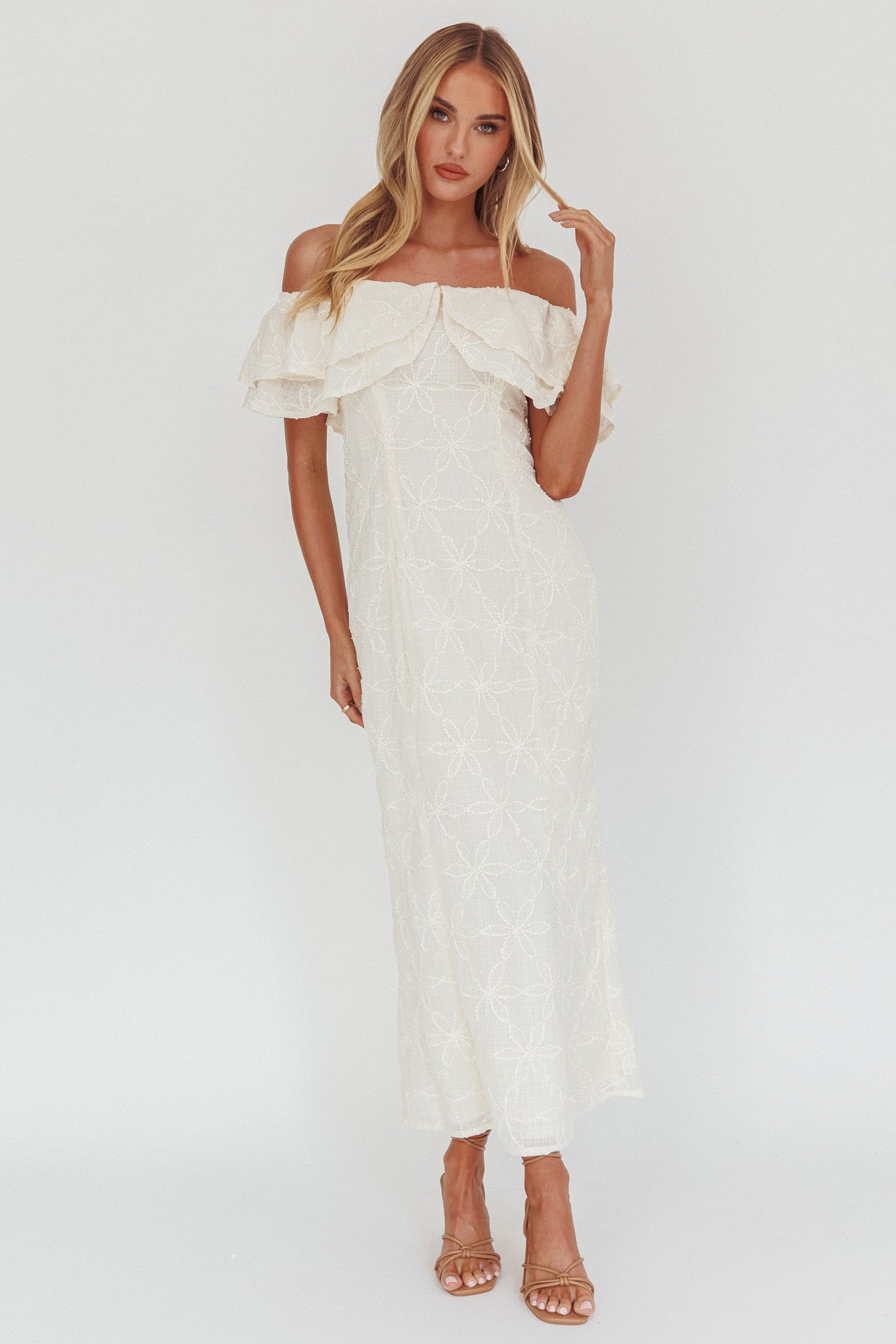 off shoulder cream maxi dress Cream Off Shoulder Ruffle Tiered Maternity Maxi Dress Small