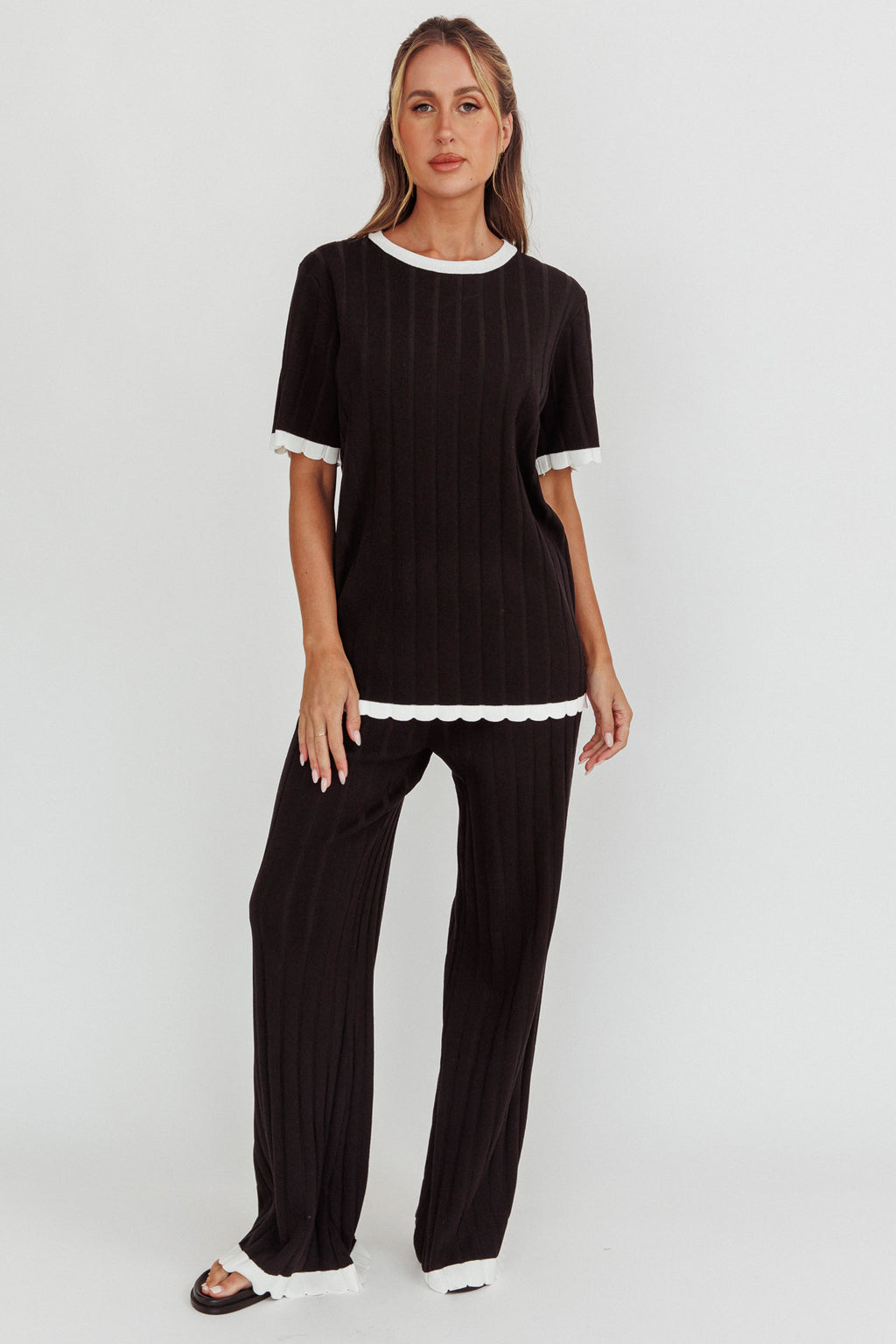 Liloh Contrast Trim Ribbed Knit Pants Black by Selfie Leslie