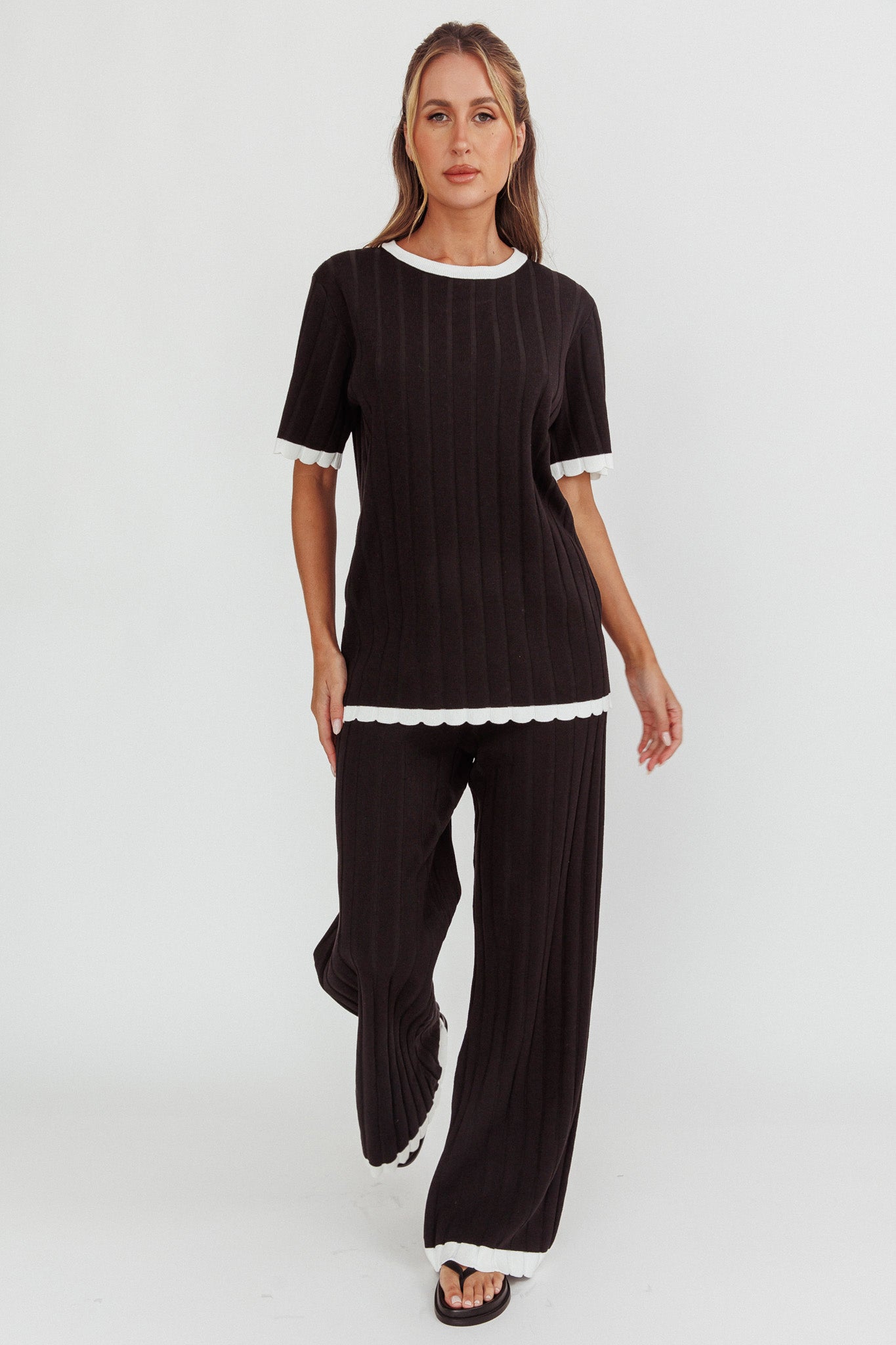 Liloh Contrast Trim Ribbed Knit Pants Black by Selfie Leslie