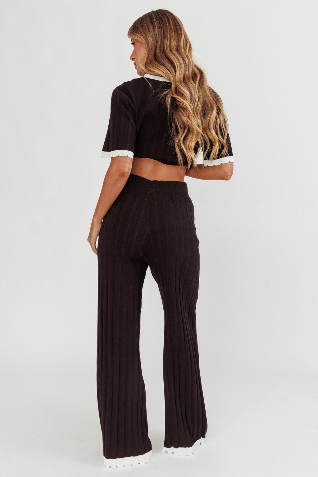 Liloh Contrast Trim Ribbed Knit Pants Black by Selfie Leslie