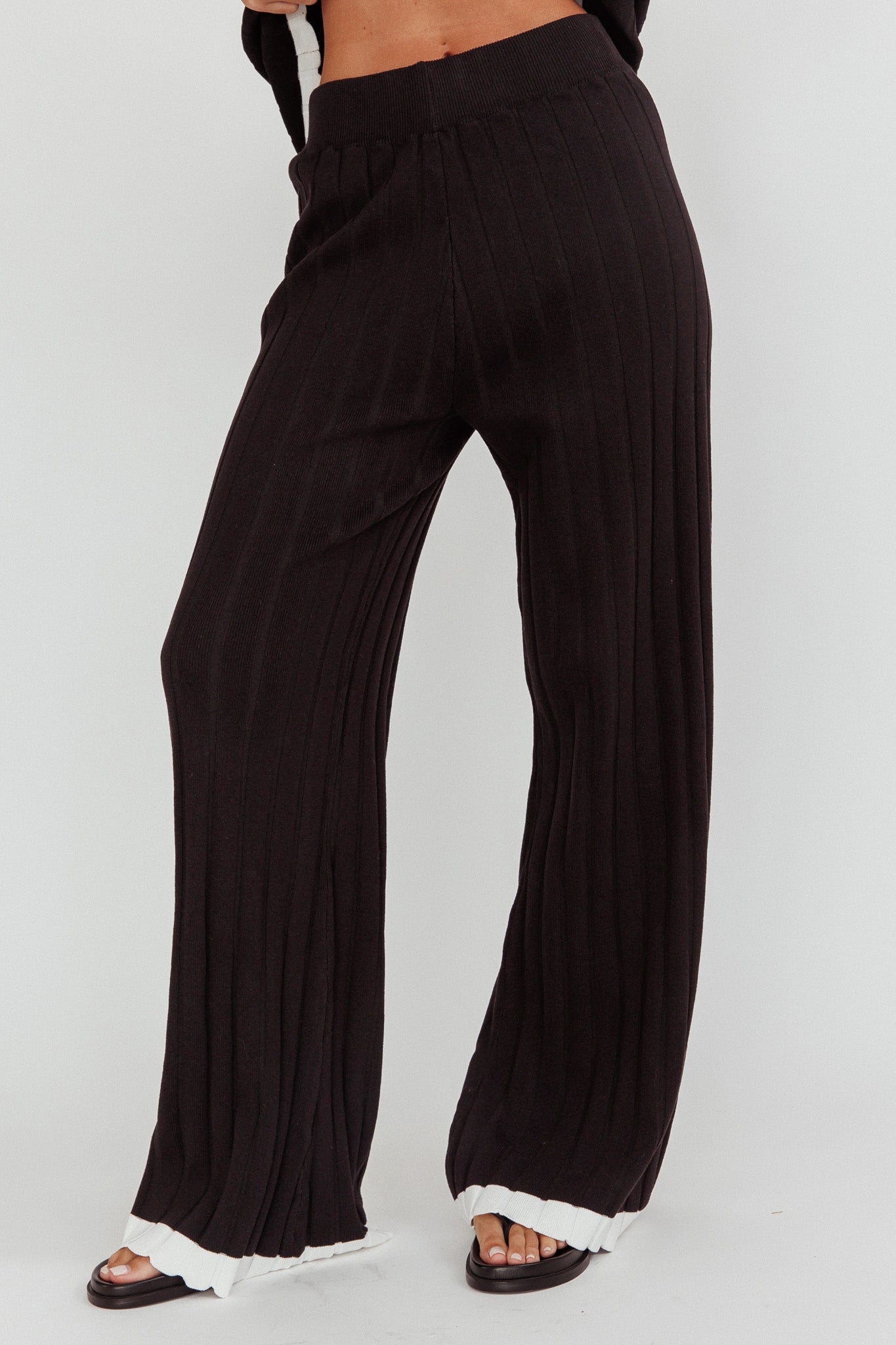 Liloh Contrast Trim Ribbed Knit Pants Black by Selfie Leslie