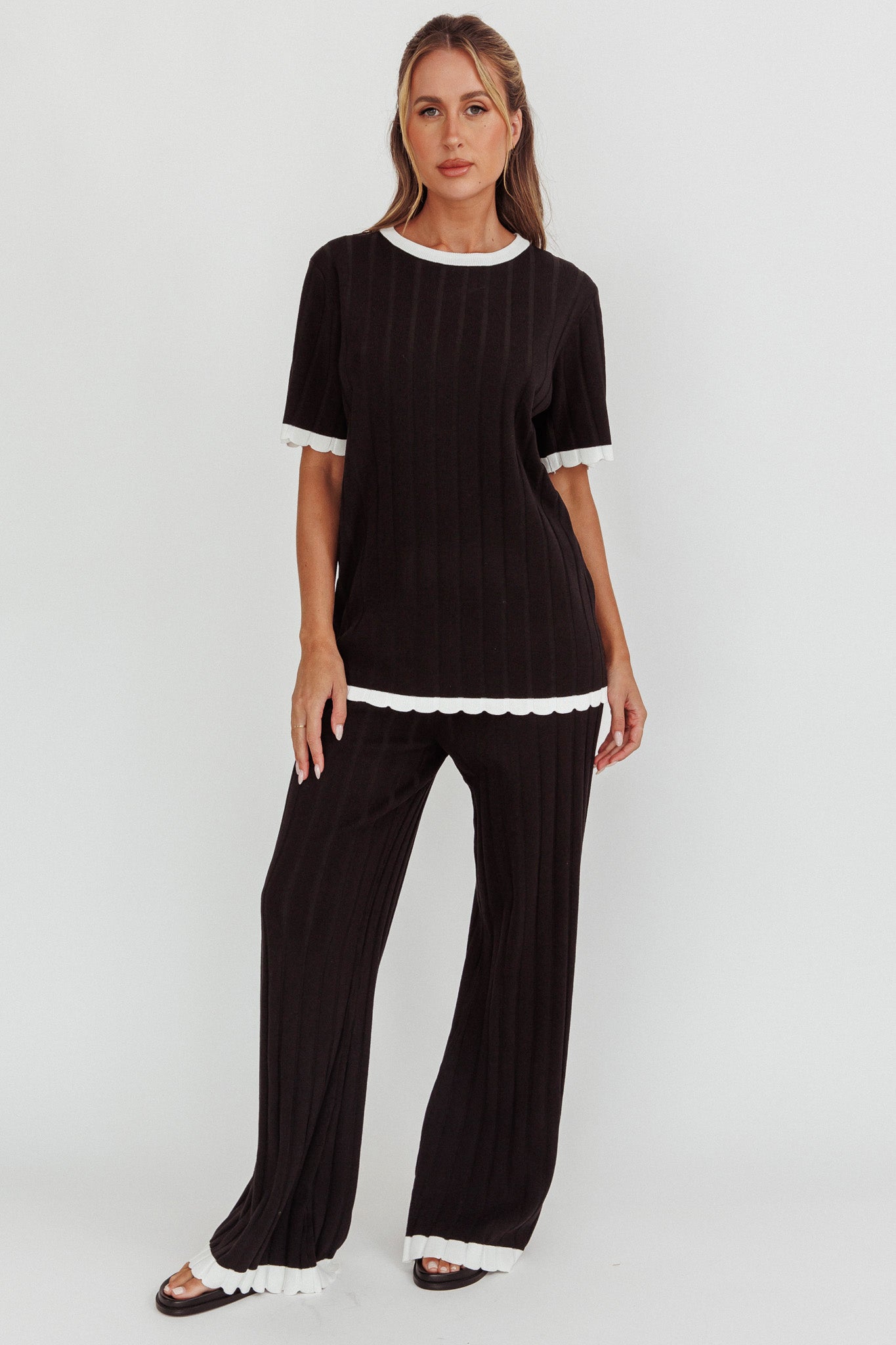 Liloh Contrast Trim Ribbed Knit Pants Black by Selfie Leslie