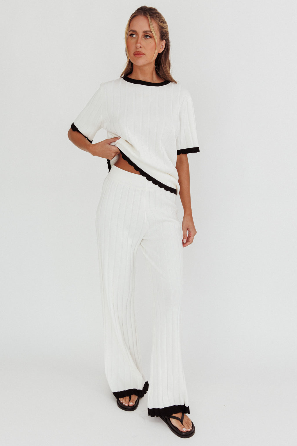 Liloh Contrast Trim Ribbed Knit Pants White by Selfie Leslie