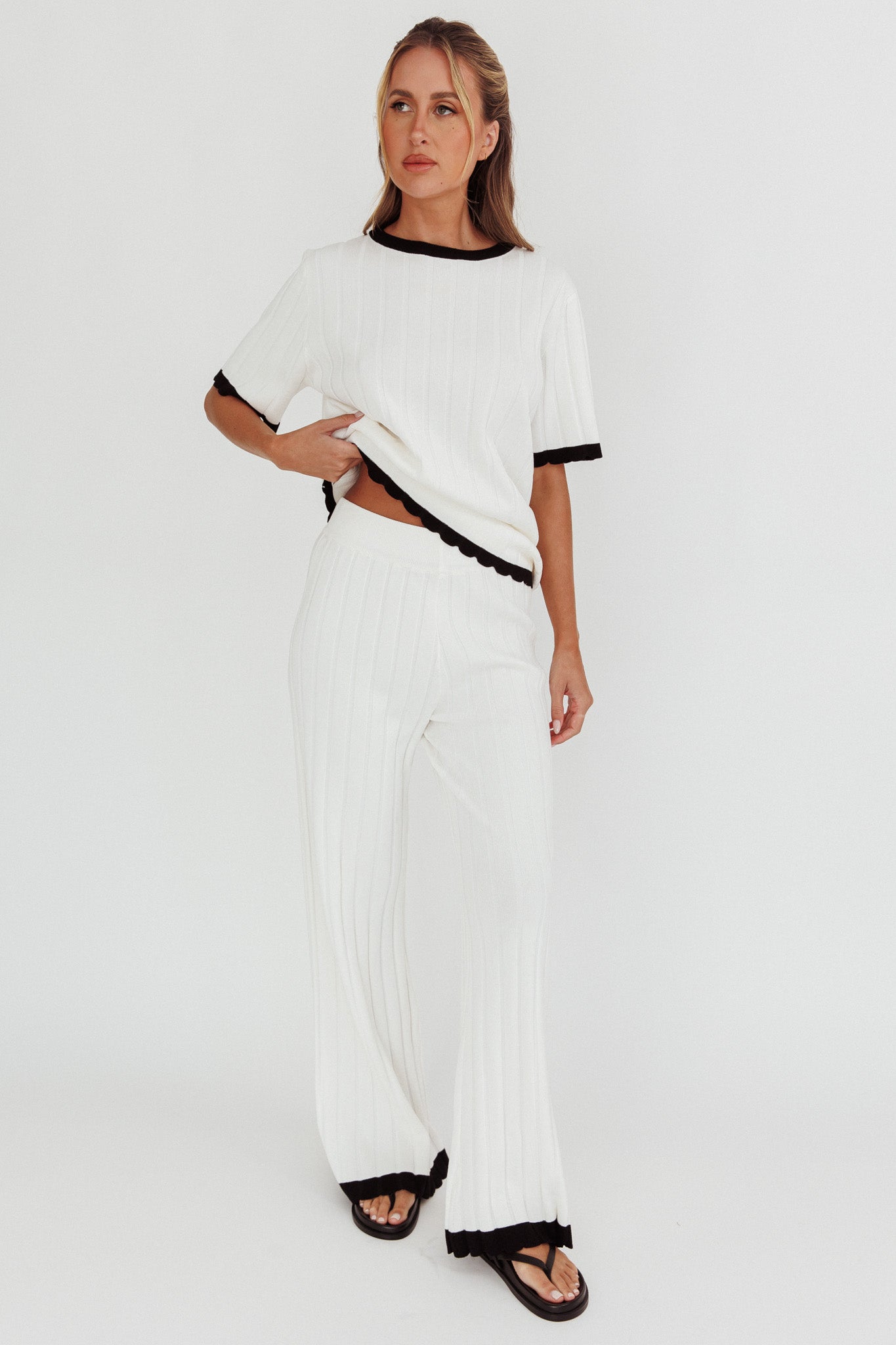 Liloh Contrast Trim Ribbed Knit Pants White by Selfie Leslie