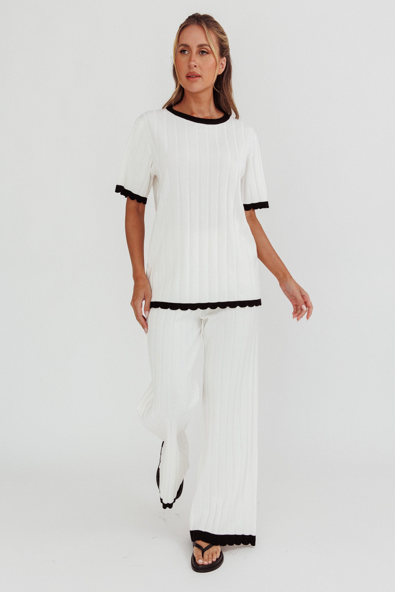 Liloh Contrast Trim Ribbed Knit Pants White by Selfie Leslie