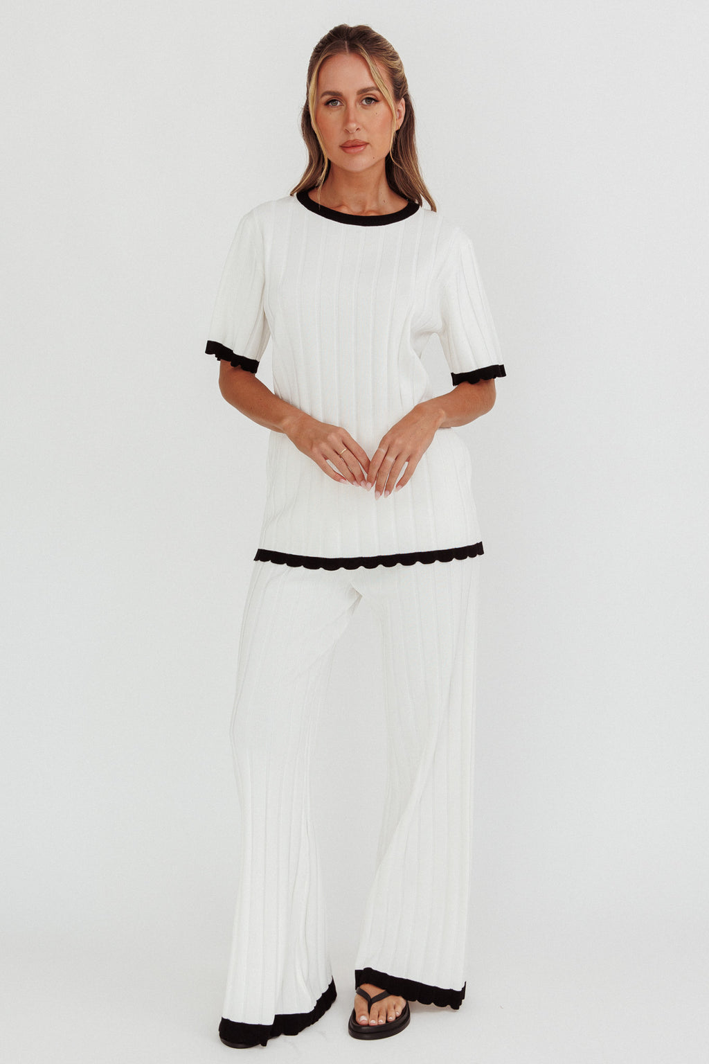 Liloh Contrast Trim Ribbed Knit Pants White by Selfie Leslie