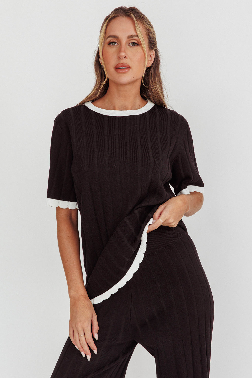 Liloh Contrast Trim Ribbed Knit Top Black by Selfie Leslie