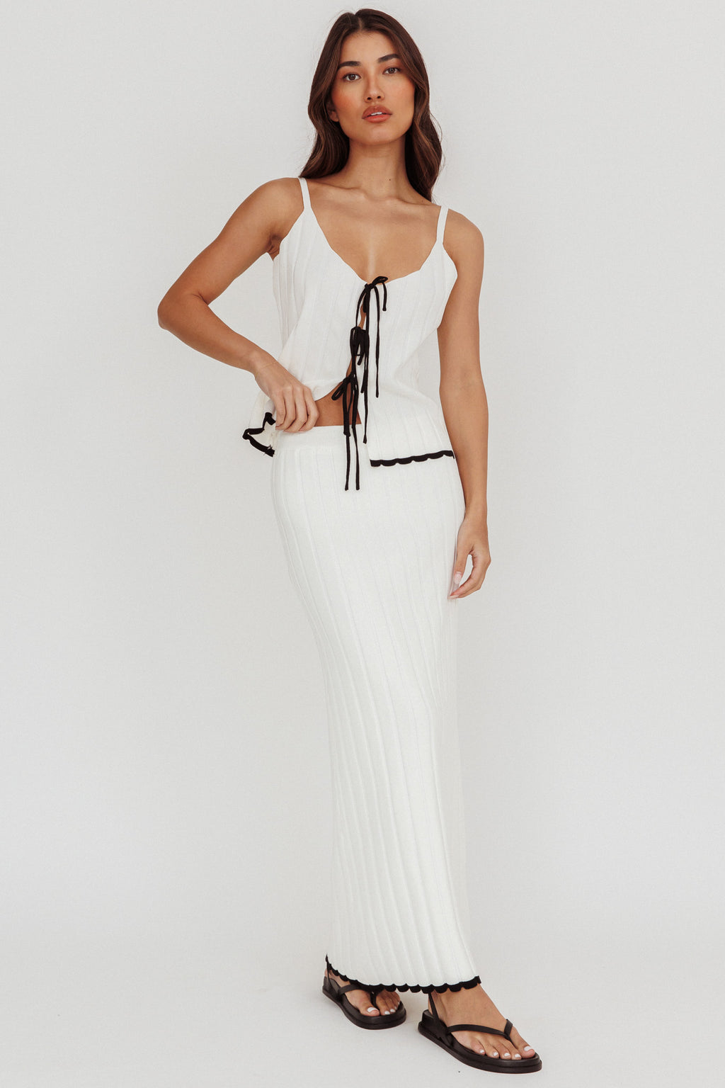 Liloh Contrast Trim Ribbed Maxi Skirt White by Selfie Leslie