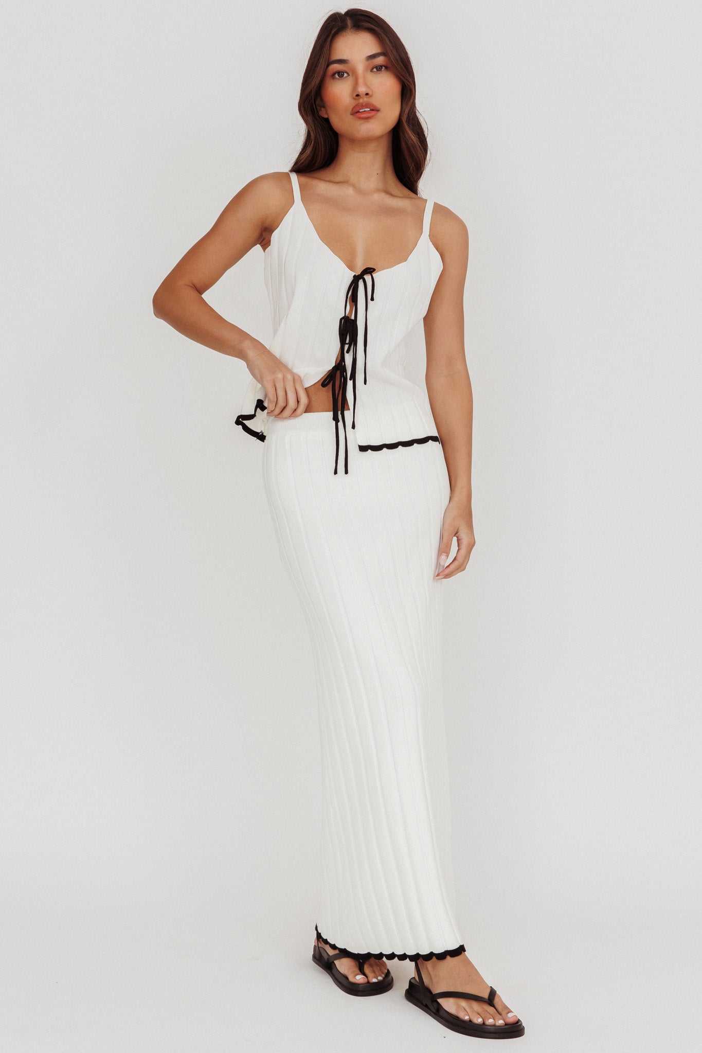 Liloh Contrast Trim Ribbed Maxi Skirt White by Selfie Leslie