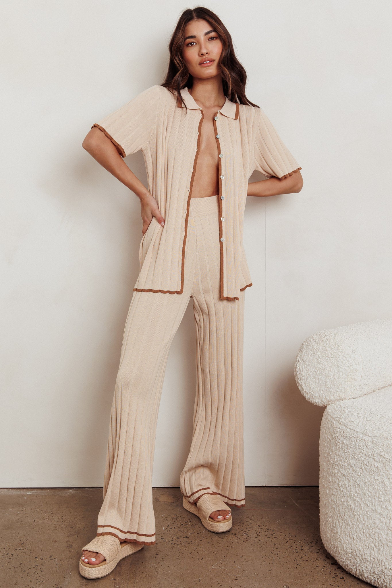 Liloh Contrast Ribbed Wide Leg Pant Beige by Selfie Leslie