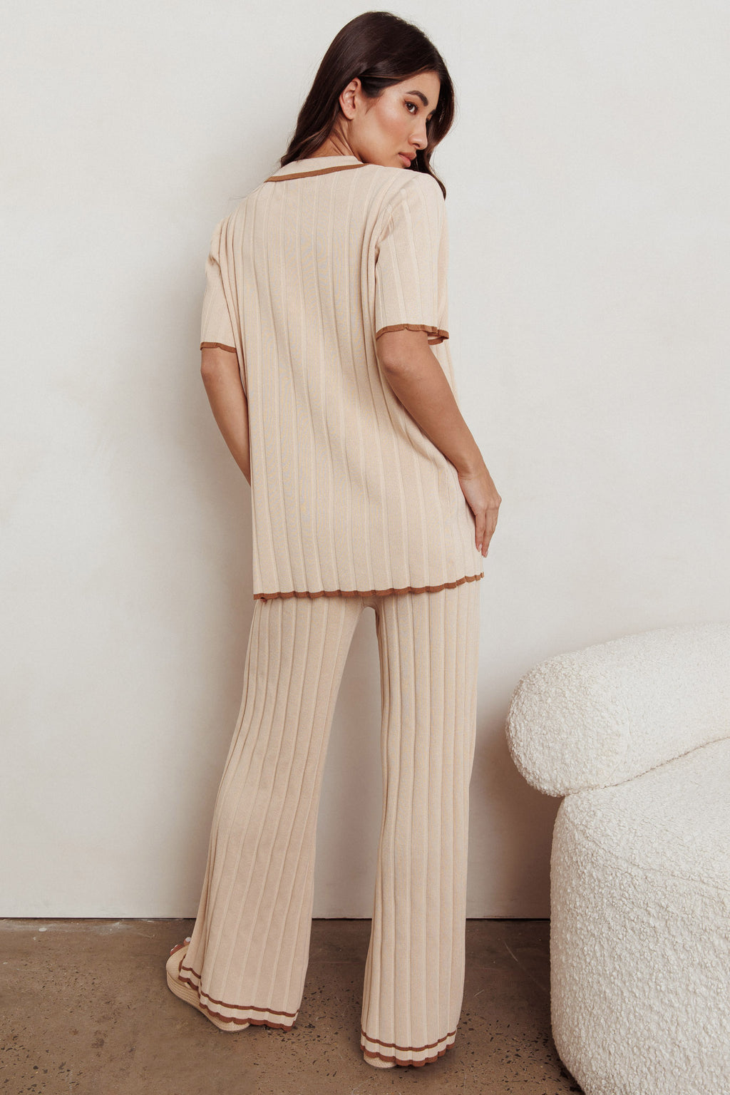 Liloh Contrast Ribbed Wide Leg Pant Beige by Selfie Leslie