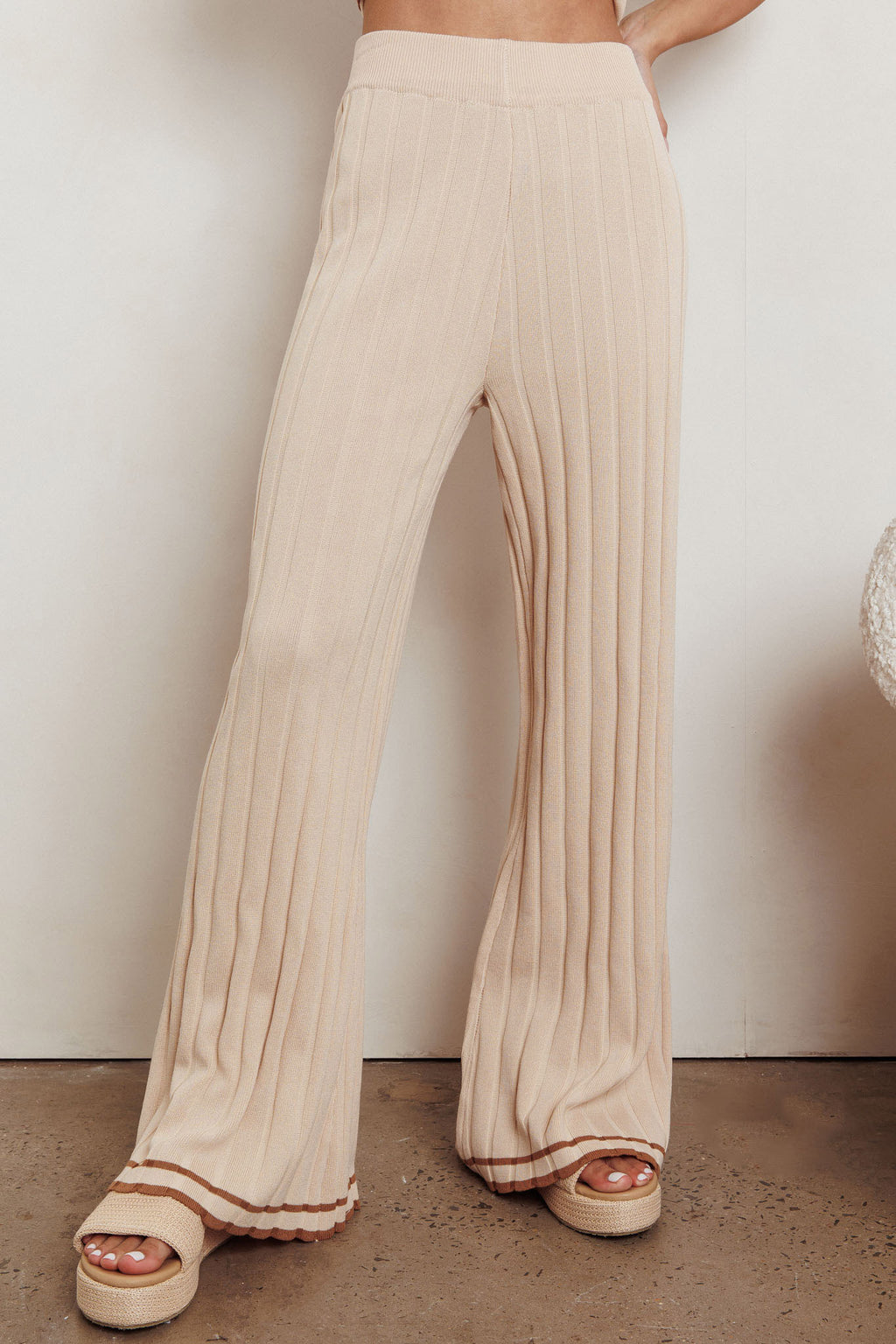 Liloh Contrast Ribbed Wide Leg Pant Beige by Selfie Leslie